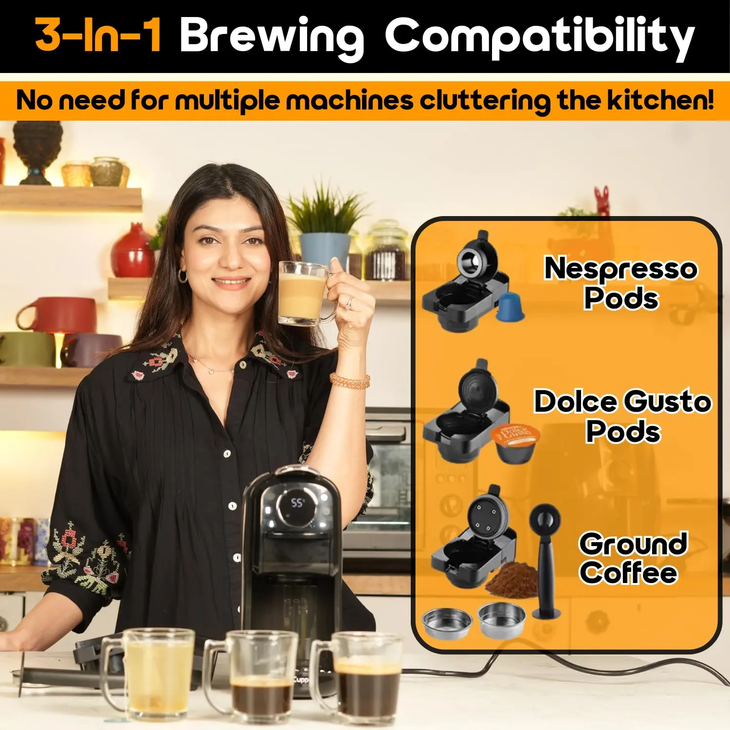 InstaCuppa 3-in-1 Espresso Coffee Maker | Works with Ground Coffee, Pods & Capsules | Electric Kettle Mode with Temperature Control - Image 3