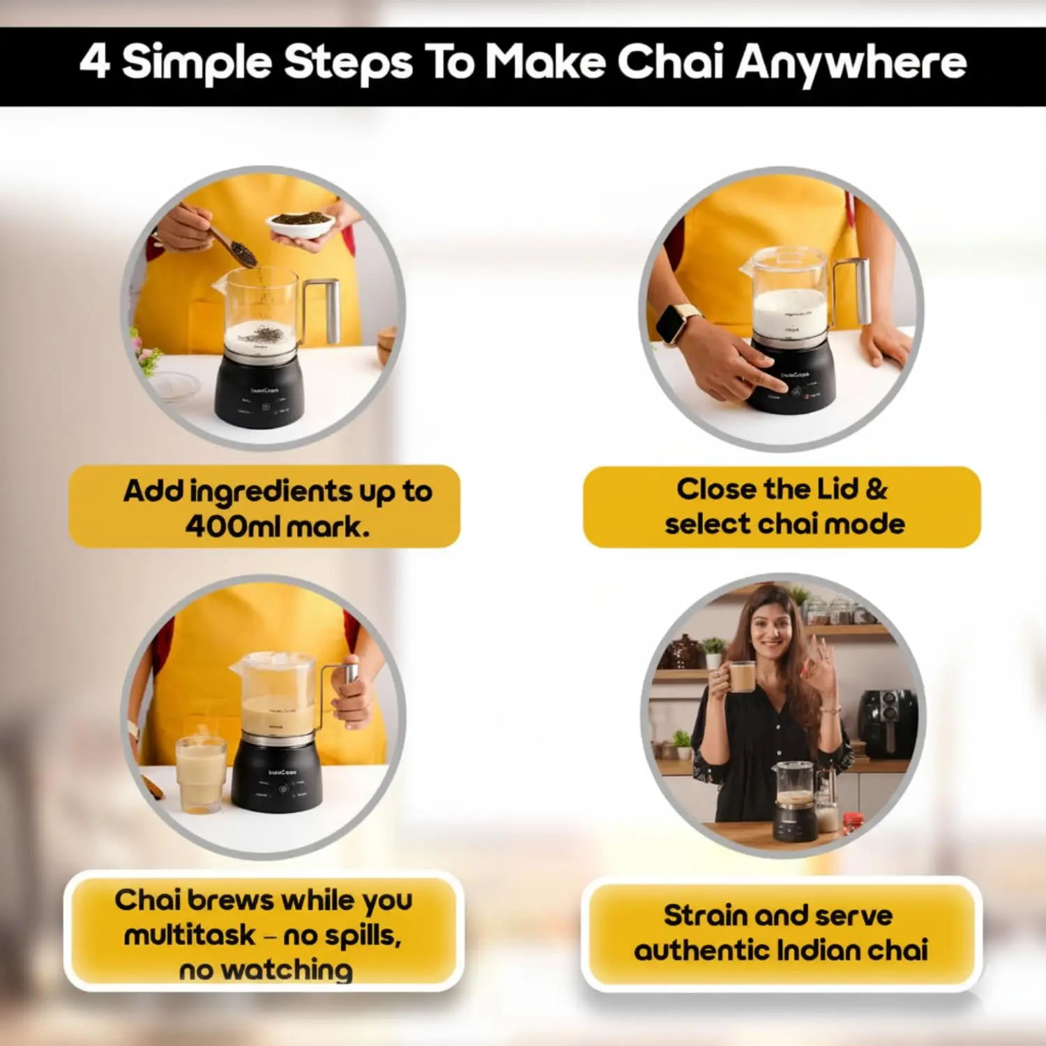 InstaCuppa Automatic Chai Maker with Auto Shut-Off - Make 400ML Indian Tea in 8-10 Minutes with No Spills or Mess, 4-in-1 Electric - Image 2