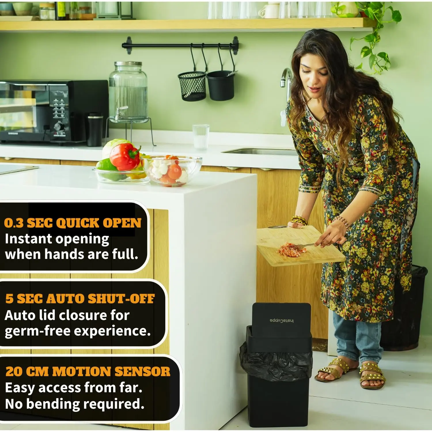 InstaCuppa Automatic Dustbin 9L – Touchless Motion Sensor Quick Open & Soft Close Lid, IPX5 Waterproof, Sleek Design for Kitchens - Image 4