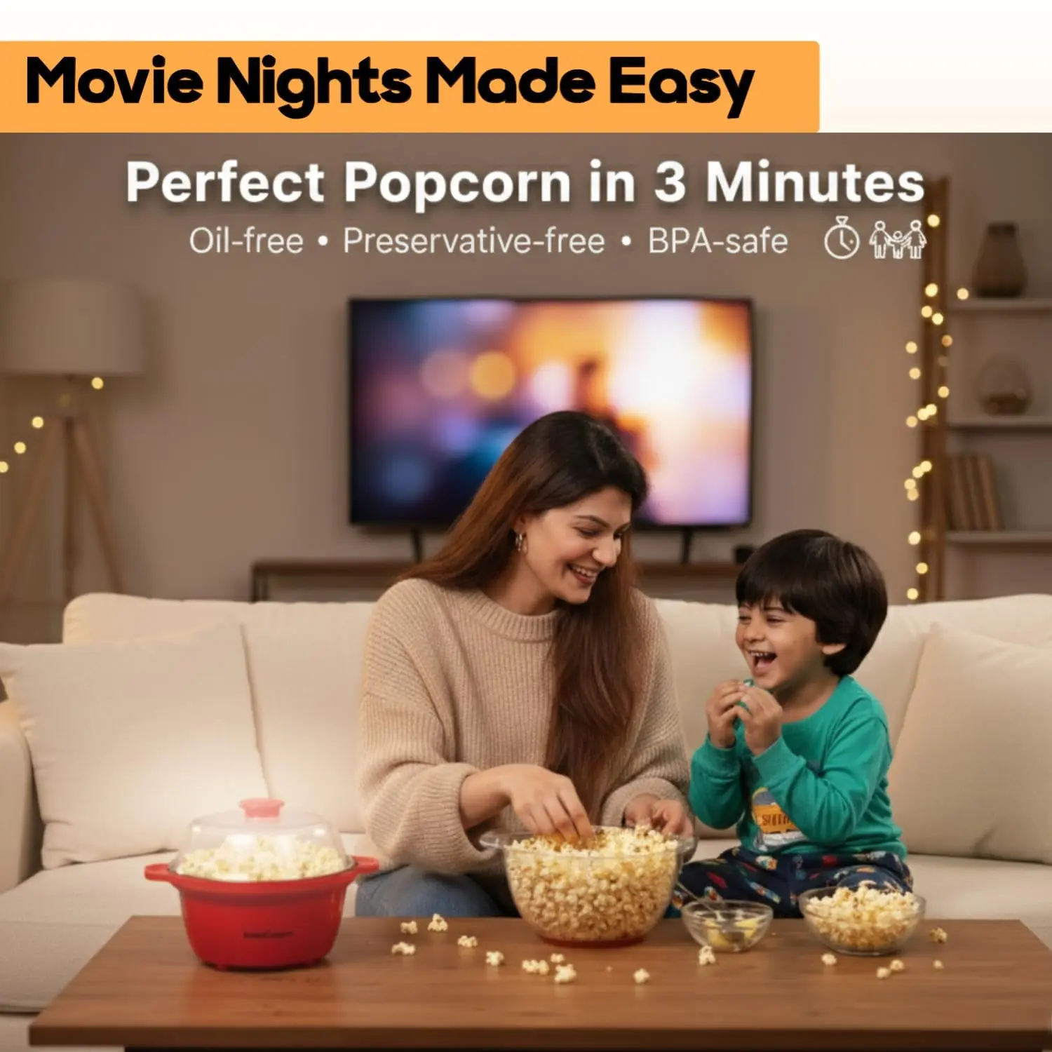 InstaCuppa Automatic Stirring Electric Popcorn Maker 450W | Automatic One-Button Non-Stick Popper | Large Transparent Lid as Serving - Image 3