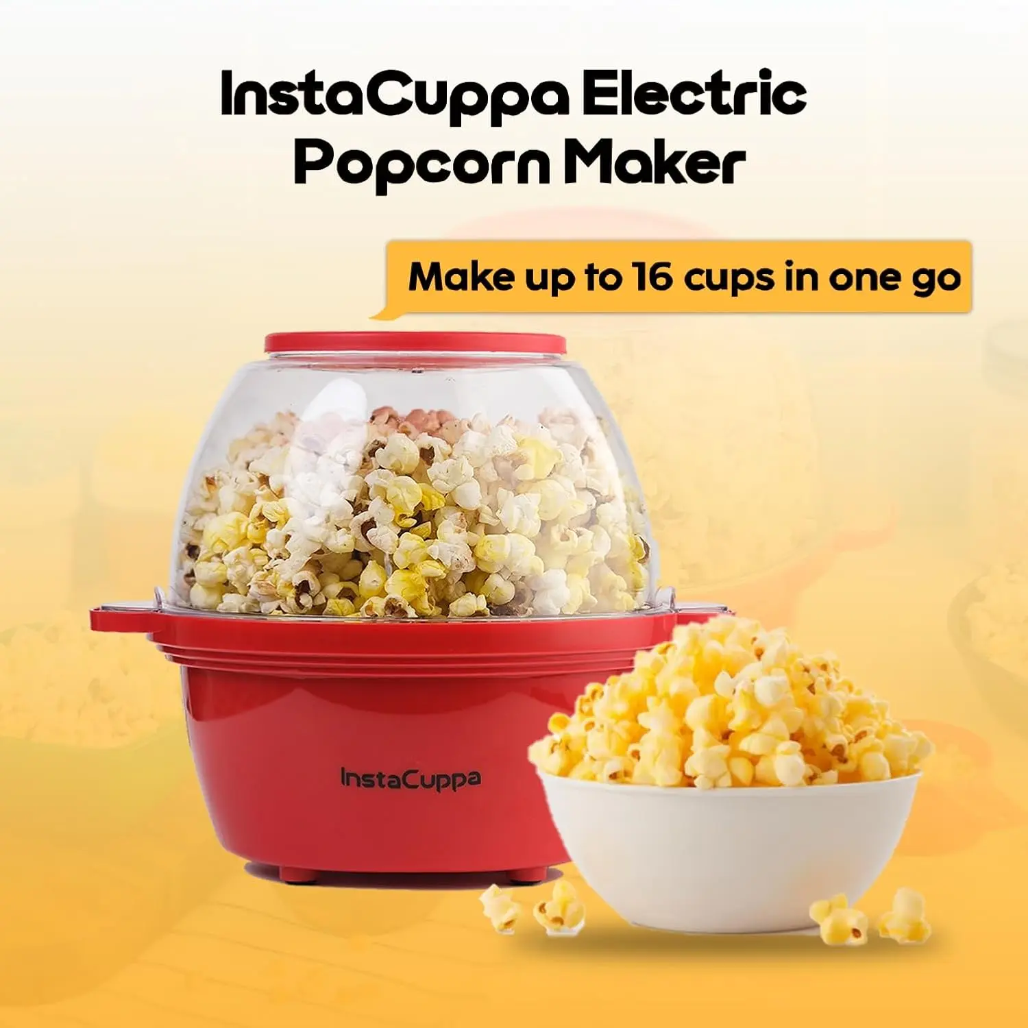 InstaCuppa Automatic Stirring Electric Popcorn Maker 450W | Automatic One-Button Non-Stick Popper | Large Transparent Lid as Serving - Image 8