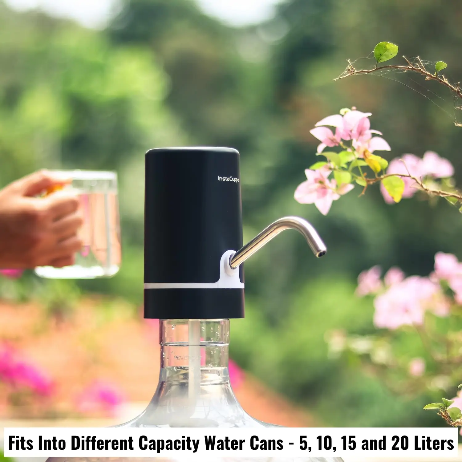 InstaCuppa Automatic Water Dispenser for 20 Liter Cans with Child Lock Feature, USB Rechargeable, Steel Water Outlet, LED Display - Image 10