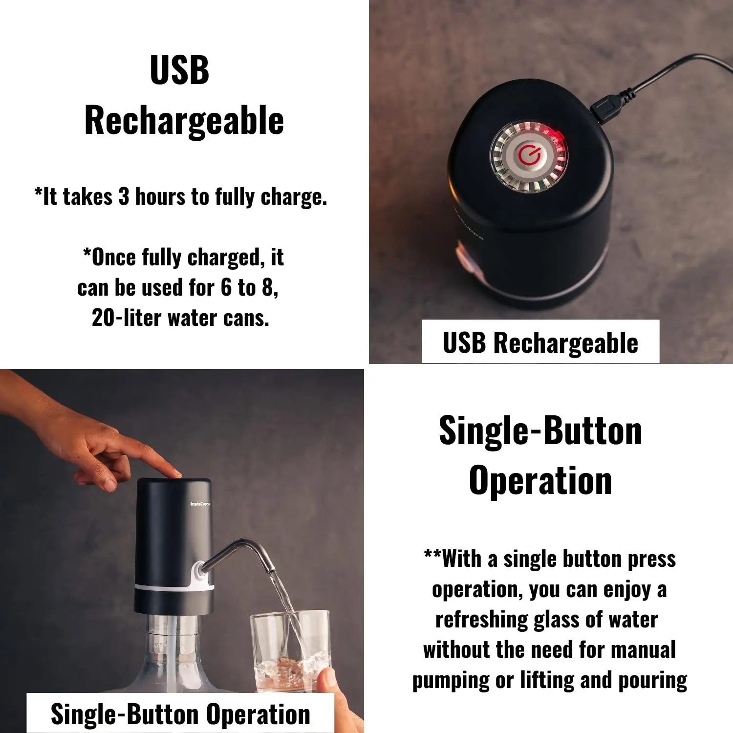 InstaCuppa Automatic Water Dispenser for 20 Liter Cans with Child Lock Feature, USB Rechargeable, Steel Water Outlet, LED Display - Image 13