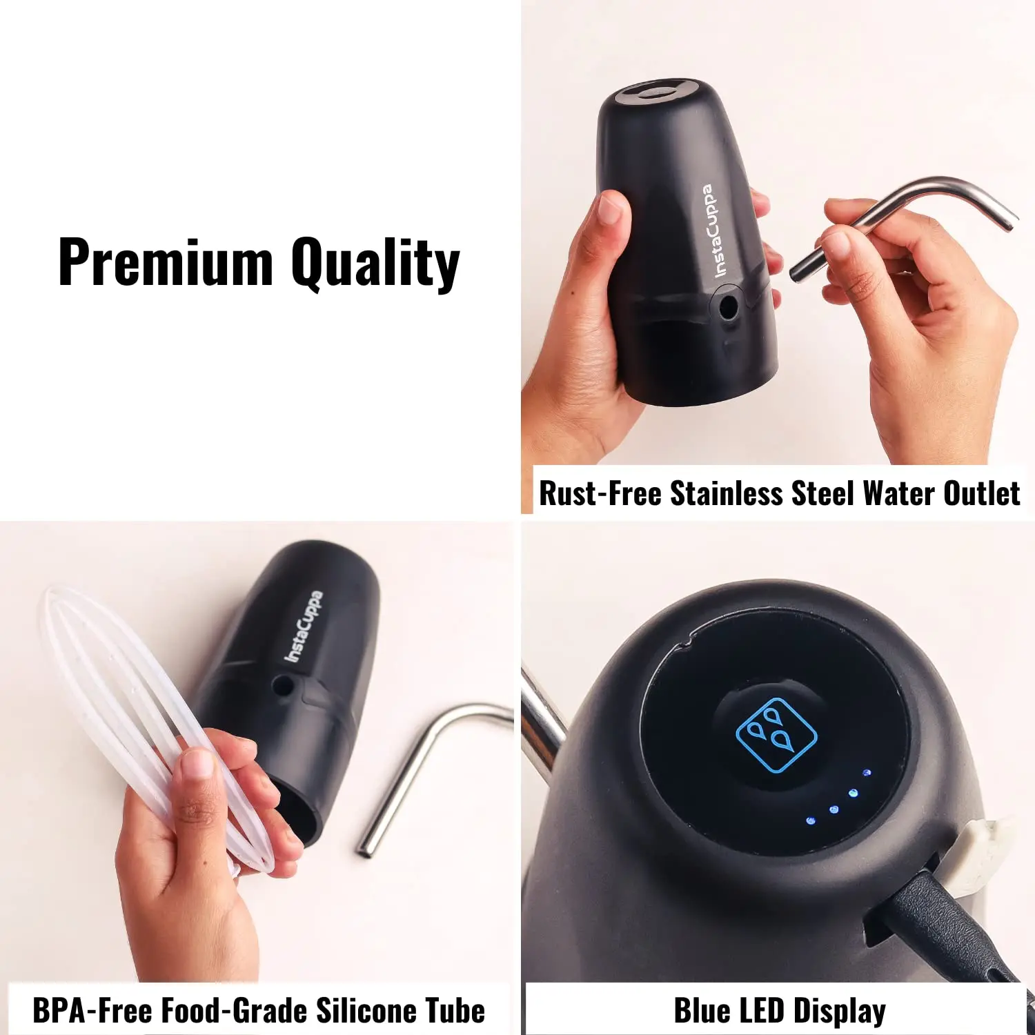 InstaCuppa Automatic Water Dispenser for 20 Liter Cans with Child Lock Feature, USB Rechargeable, Steel Water Outlet, LED Display - Image 4