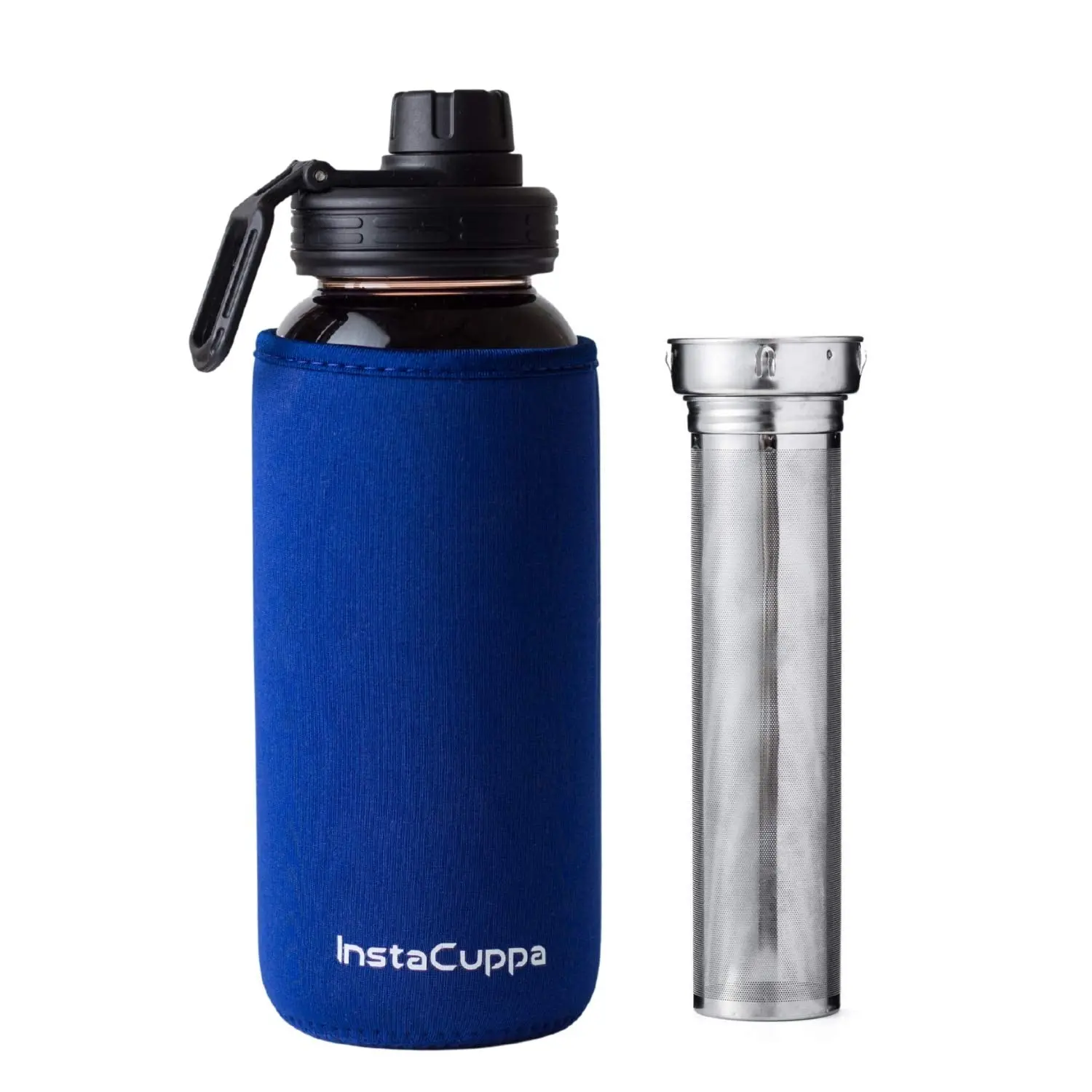 InstaCuppa Borosilicate Glass Water Bottle with Full Length Steel Infuser, Sports Sipper Lid, Time Markings, Neoprene Sleeve - Image 10