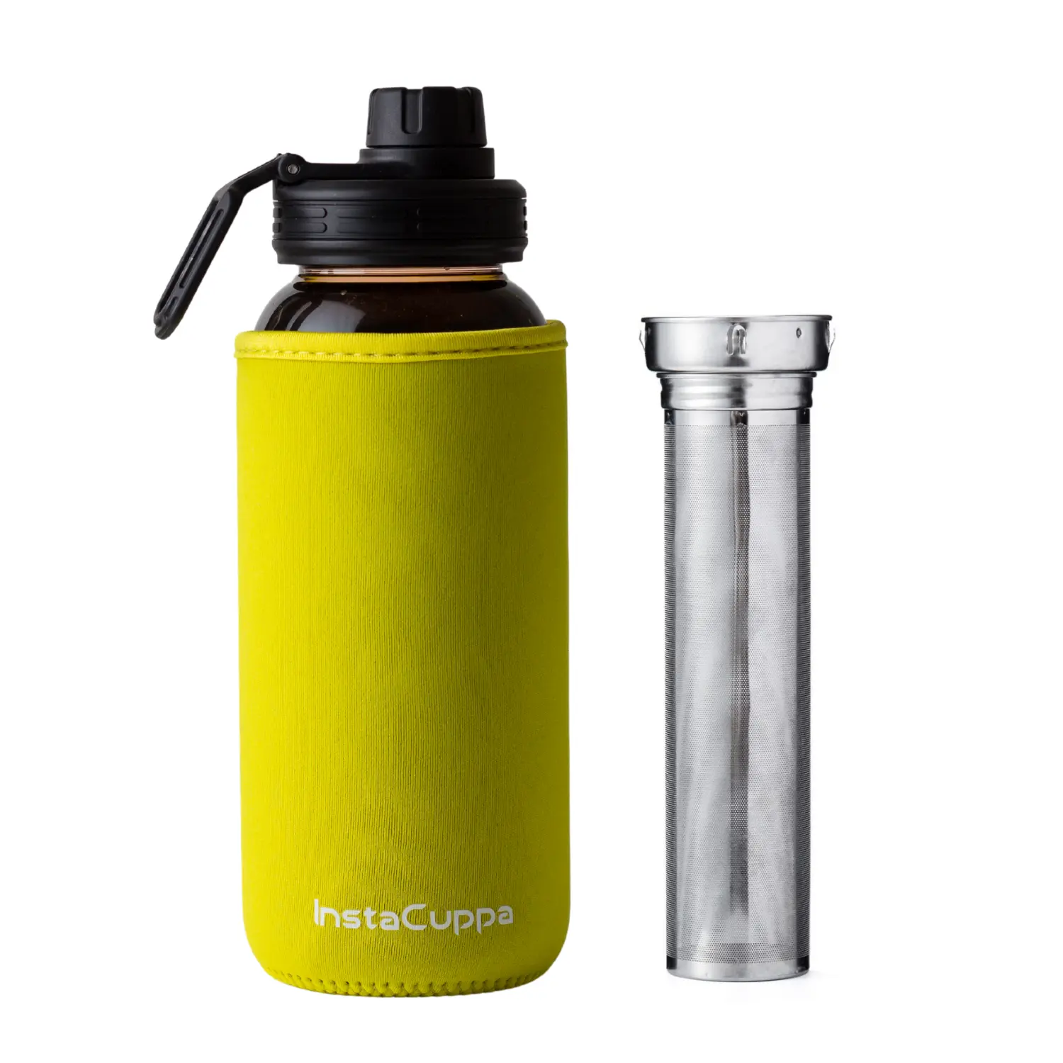 InstaCuppa Borosilicate Glass Water Bottle with Full Length Steel Infuser, Sports Sipper Lid, Time Markings, Neoprene Sleeve - Image 11