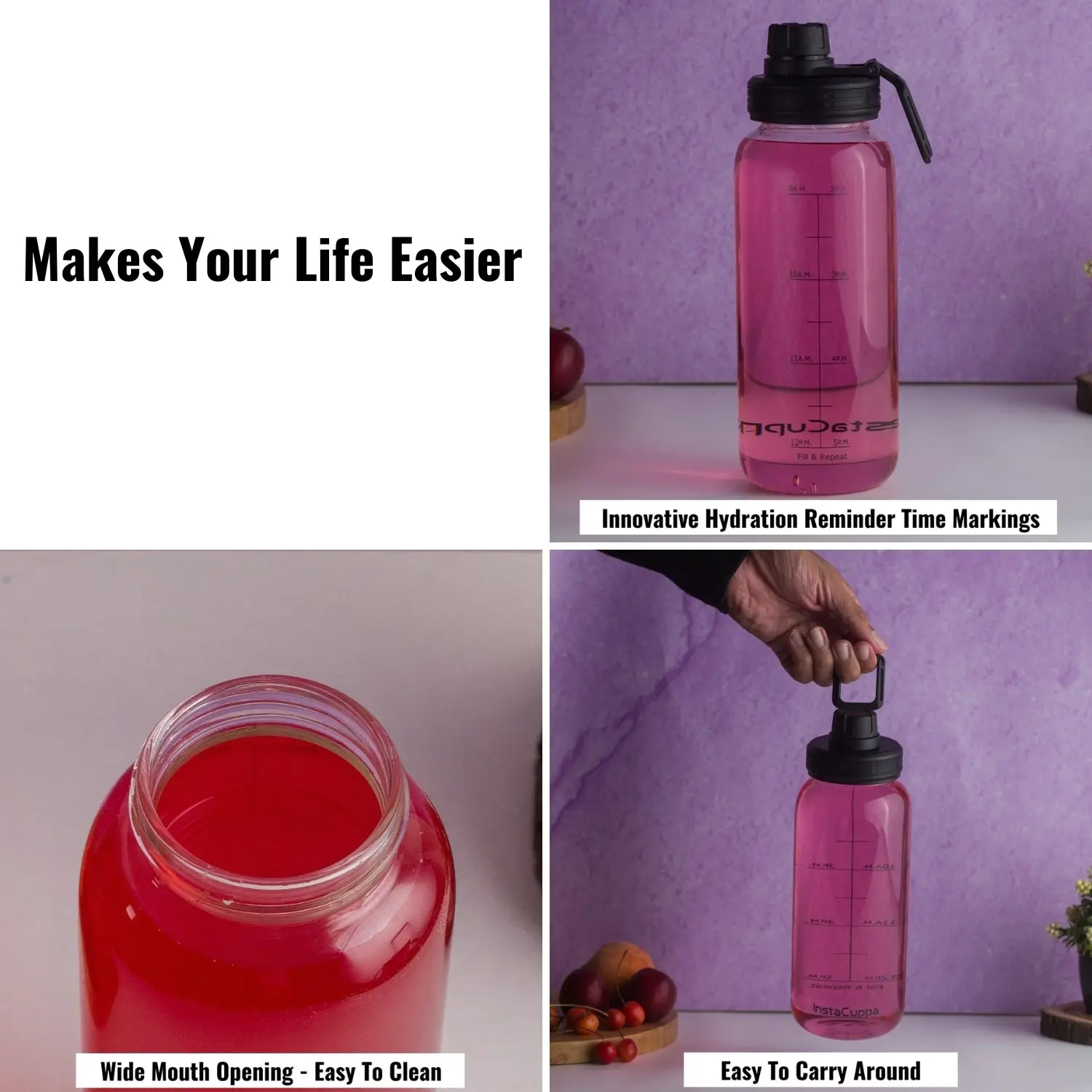 InstaCuppa Borosilicate Glass Water Bottle with Full Length Steel Infuser, Sports Sipper Lid, Time Markings, Neoprene Sleeve - Image 4