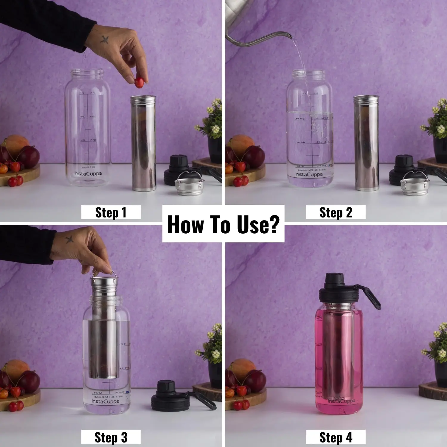 InstaCuppa Borosilicate Glass Water Bottle with Full Length Steel Infuser, Sports Sipper Lid, Time Markings, Neoprene Sleeve - Image 6