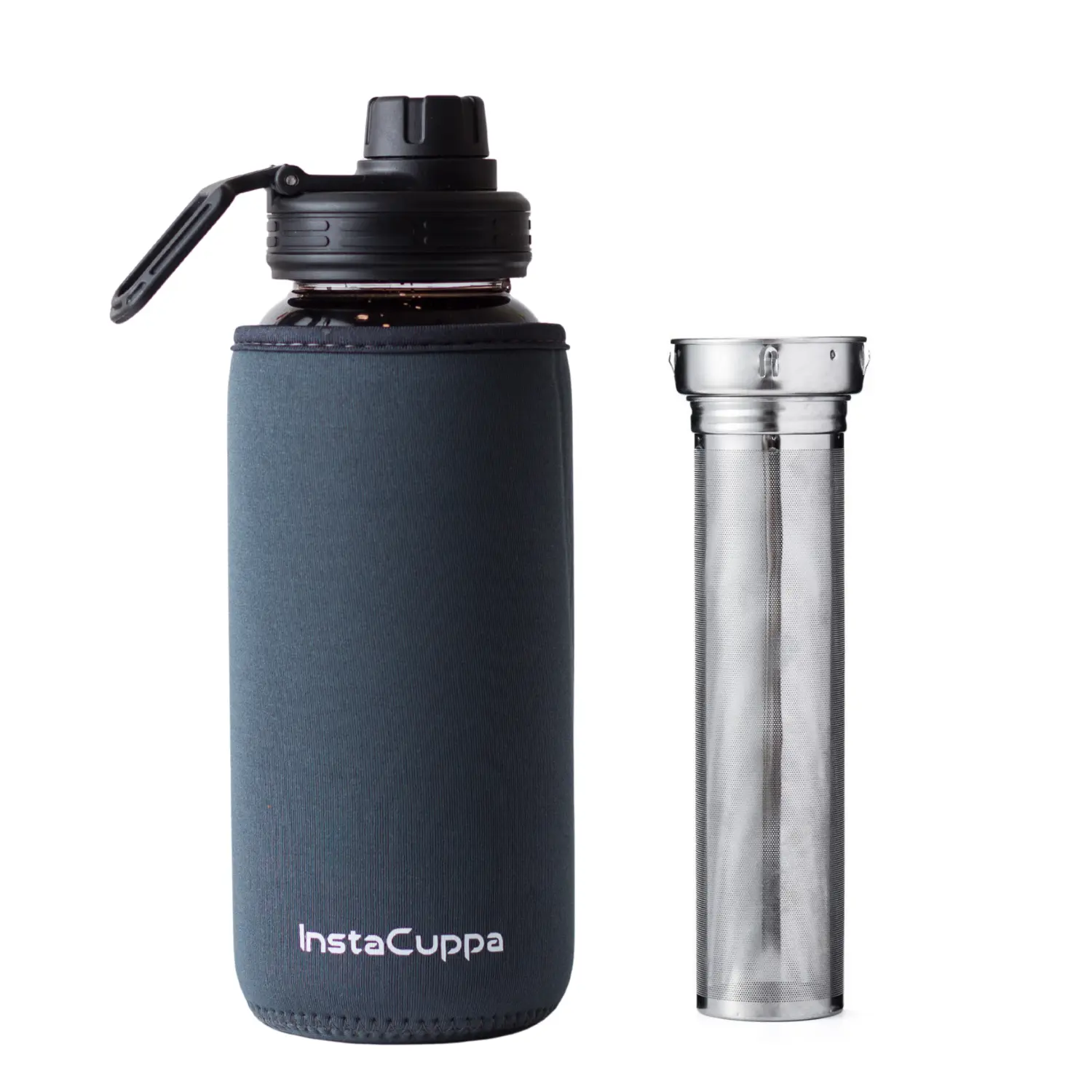 InstaCuppa Borosilicate Glass Water Bottle with Full Length Steel Infuser, Sports Sipper Lid, Time Markings, Neoprene Sleeve - Image 7