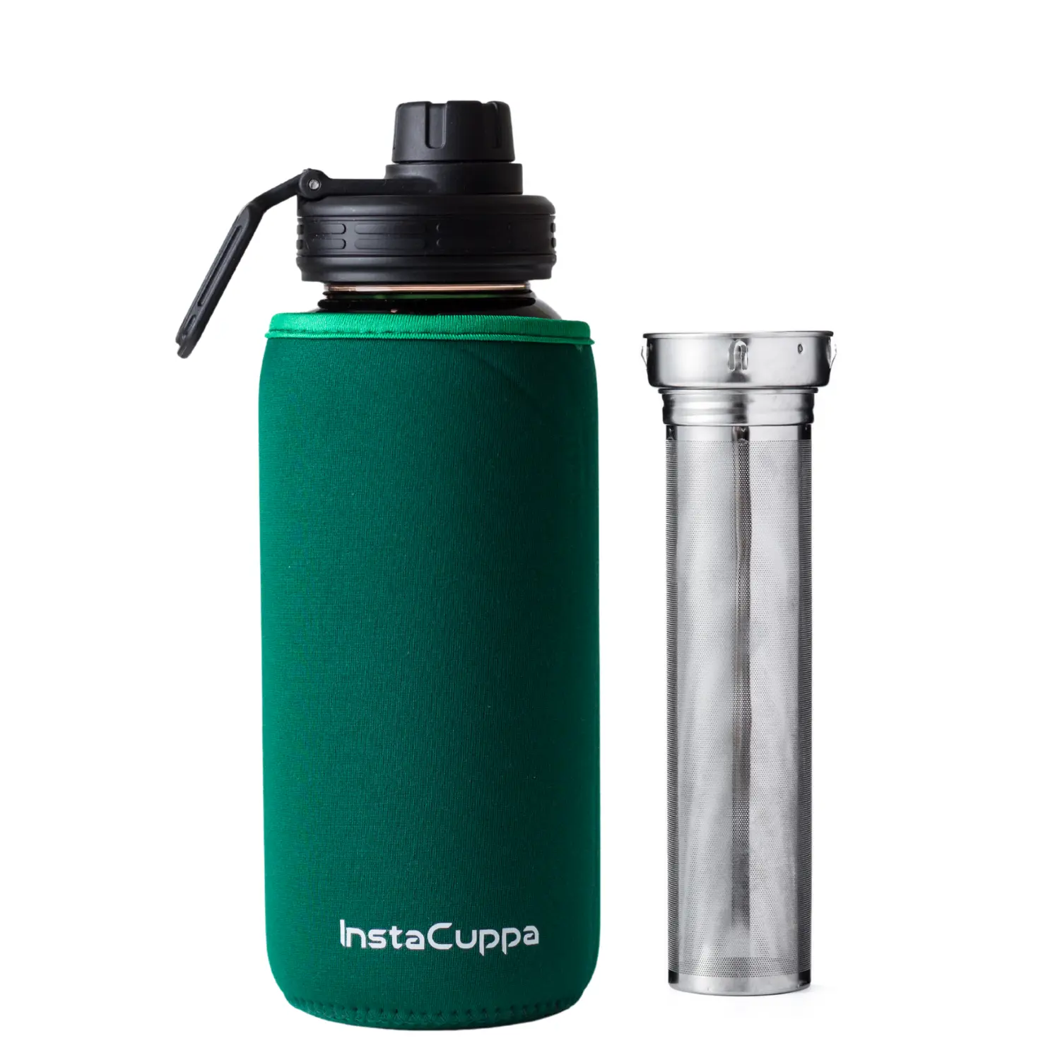 InstaCuppa Borosilicate Glass Water Bottle with Full Length Steel Infuser, Sports Sipper Lid, Time Markings, Neoprene Sleeve - Image 9