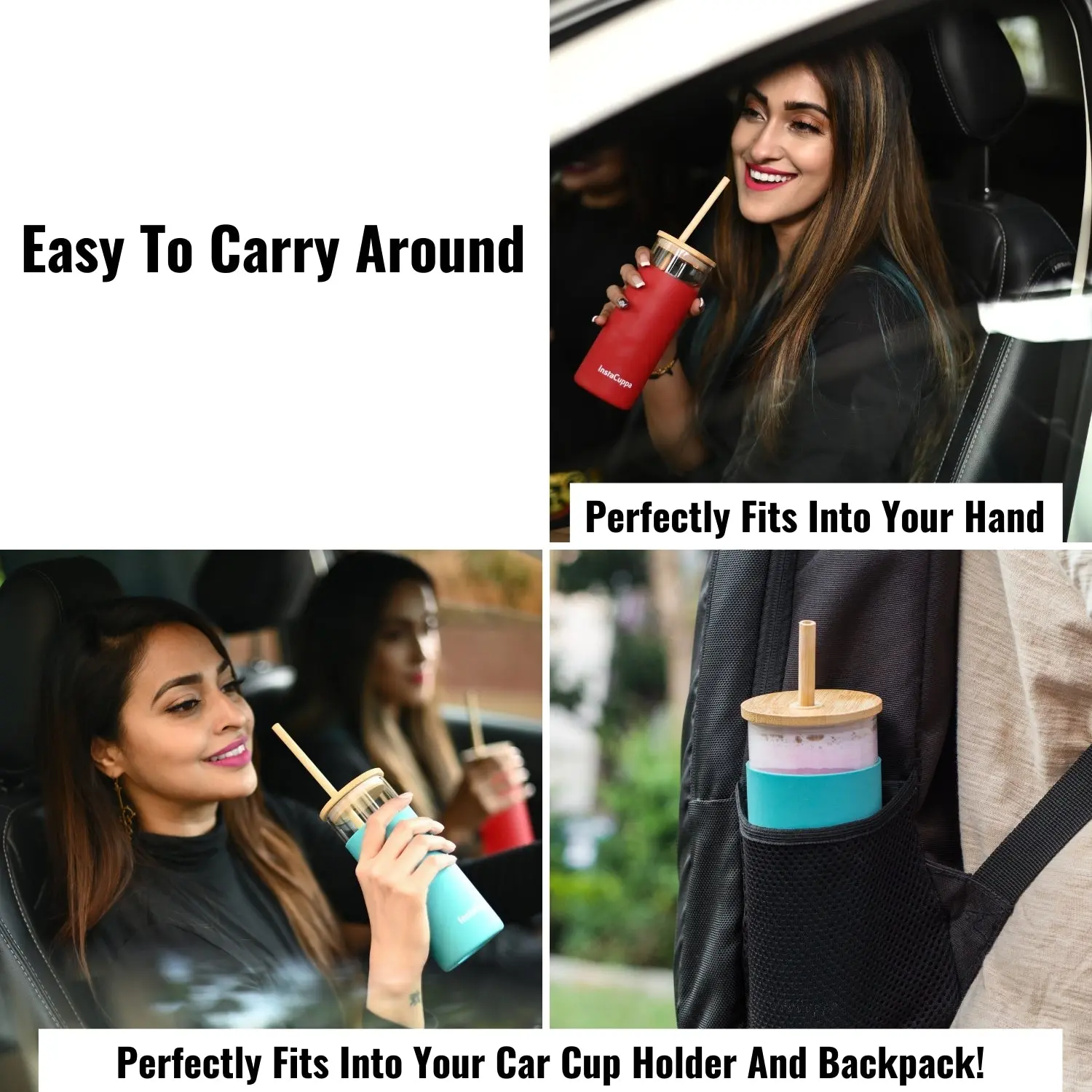 InstaCuppa Borosilicate Glass Tumbler with 2 Unique Straws and Bamboo Lid, Removable Silicone Protective Sleeve - Image 10