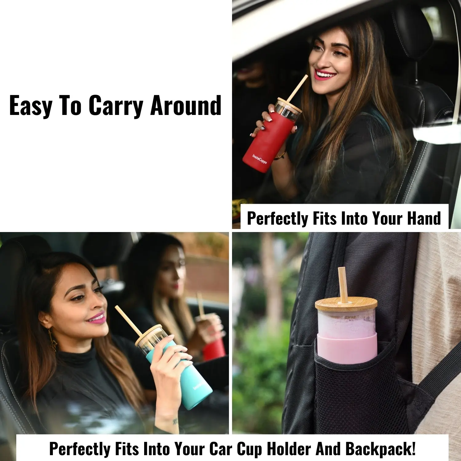InstaCuppa Borosilicate Glass Tumbler with 2 Unique Straws and Bamboo Lid, Removable Silicone Protective Sleeve - Image 14