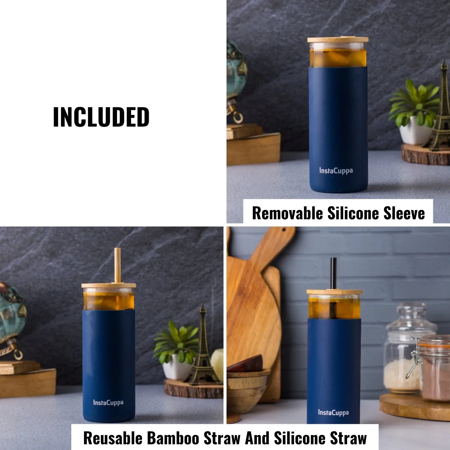 InstaCuppa Borosilicate Glass Tumbler with 2 Unique Straws and Bamboo Lid, Removable Silicone Protective Sleeve - Image 17