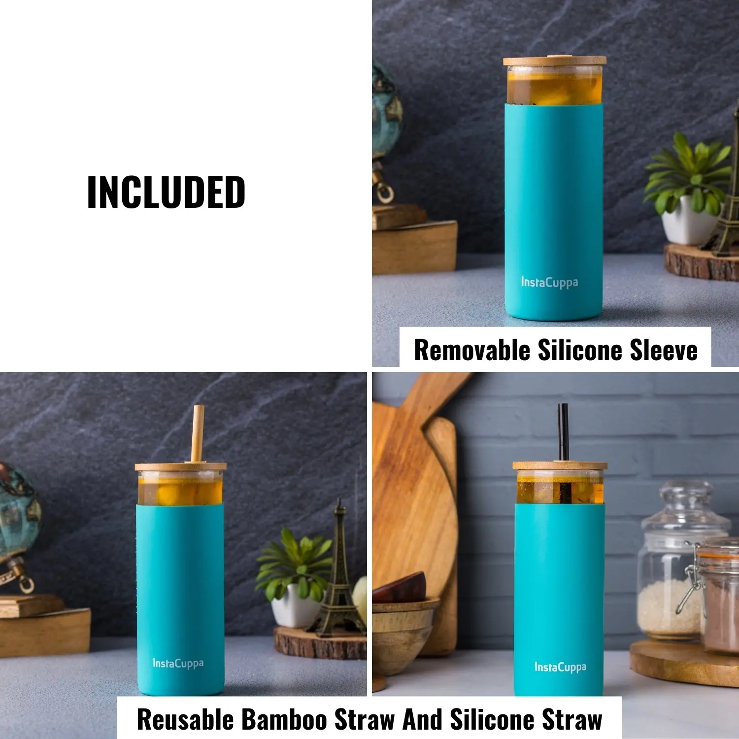 InstaCuppa Borosilicate Glass Tumbler with 2 Unique Straws and Bamboo Lid, Removable Silicone Protective Sleeve - Image 18