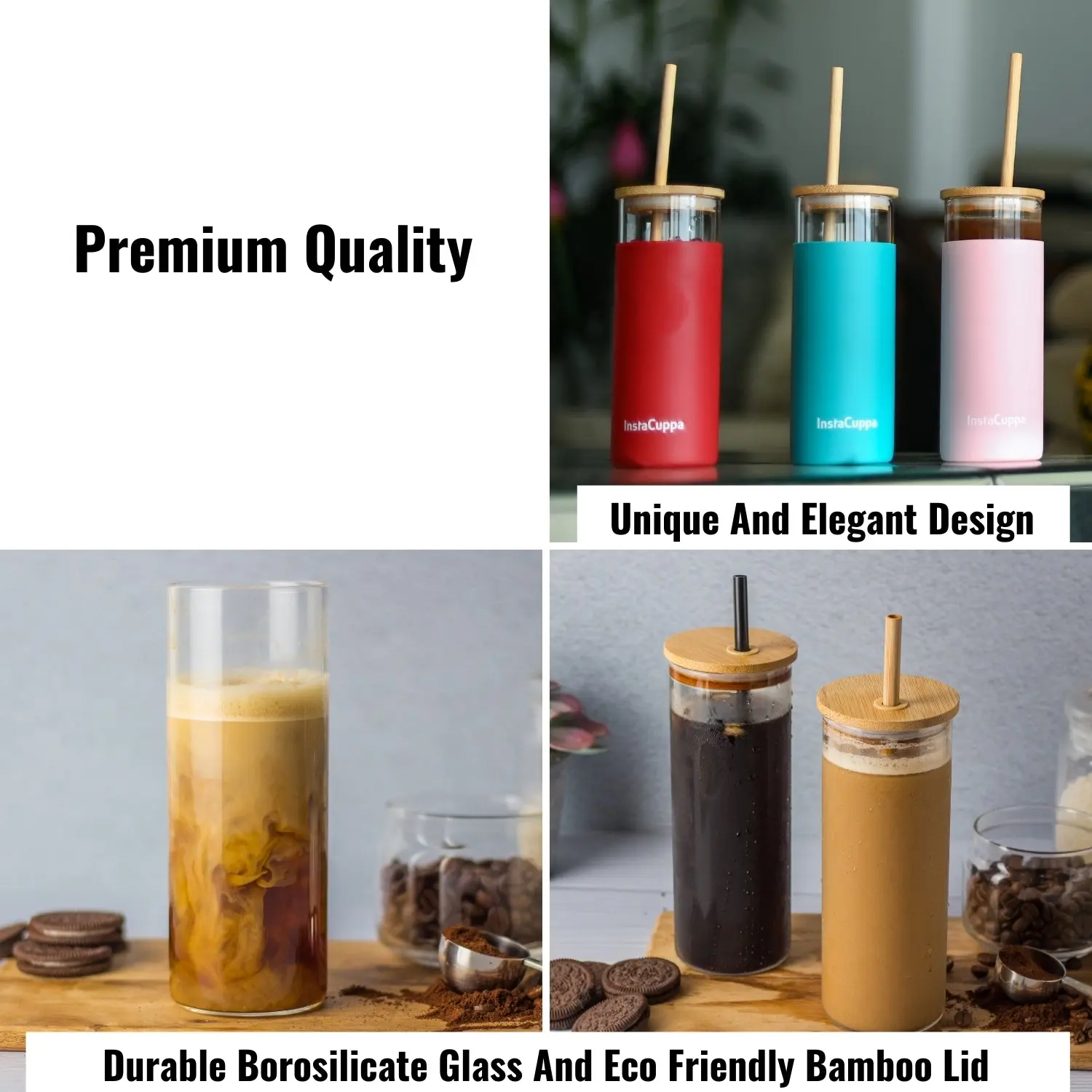 InstaCuppa Borosilicate Glass Tumbler with 2 Unique Straws and Bamboo Lid, Removable Silicone Protective Sleeve - Image 4
