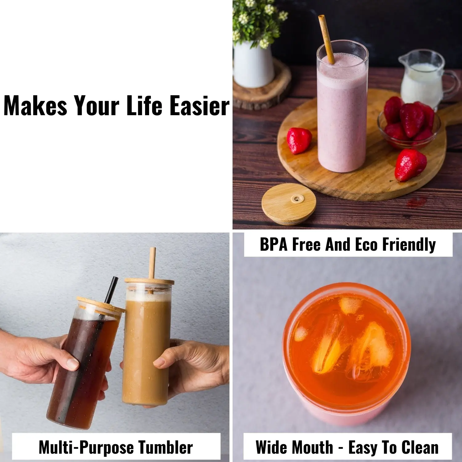 InstaCuppa Borosilicate Glass Tumbler with 2 Unique Straws and Bamboo Lid, Removable Silicone Protective Sleeve - Image 5