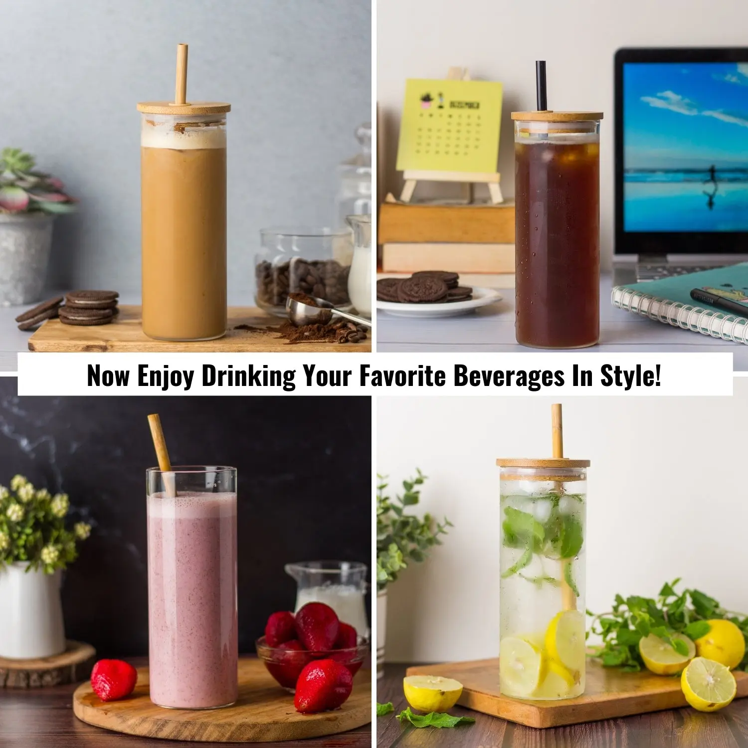 InstaCuppa Borosilicate Glass Tumbler with 2 Unique Straws and Bamboo Lid, Removable Silicone Protective Sleeve - Image 6