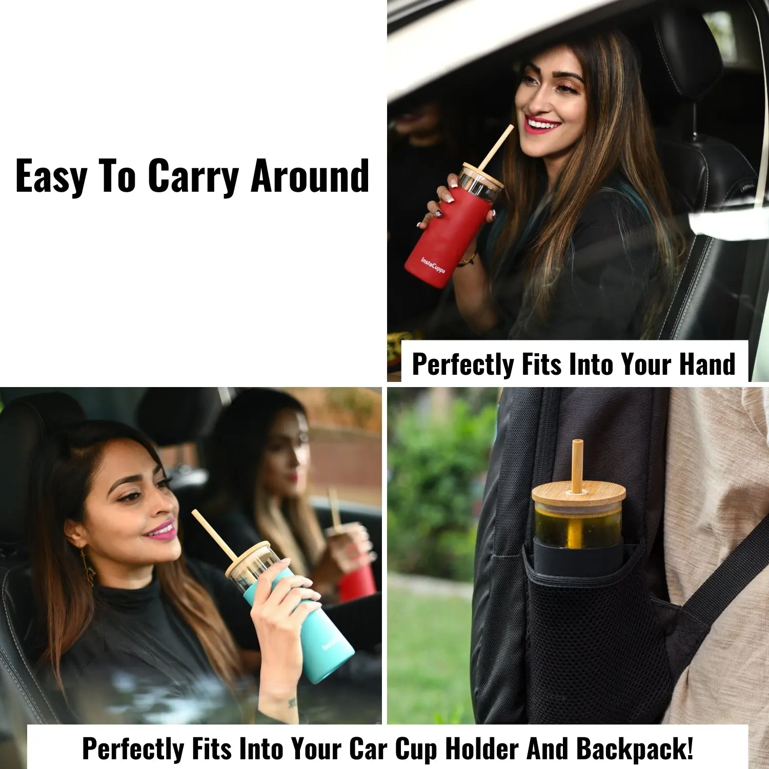 InstaCuppa Borosilicate Glass Tumbler with 2 Unique Straws and Bamboo Lid, Removable Silicone Protective Sleeve - Image 7