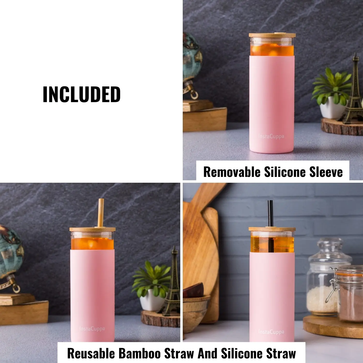 InstaCuppa Borosilicate Glass Tumbler with 2 Unique Straws and Bamboo Lid, Removable Silicone Protective Sleeve - Image 9