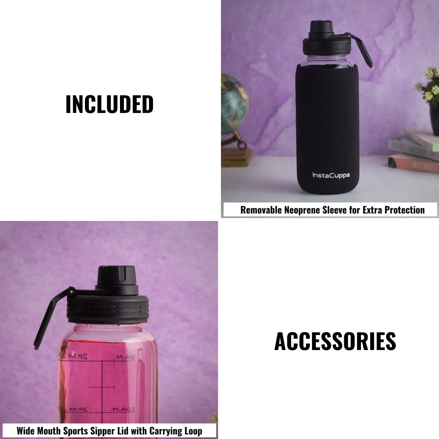 InstaCuppa Borosilicate Glass Water Bottle with Sports Sipper Lid, Innovative Time Markings, Neoprene Sleeve for Protection - Image 3