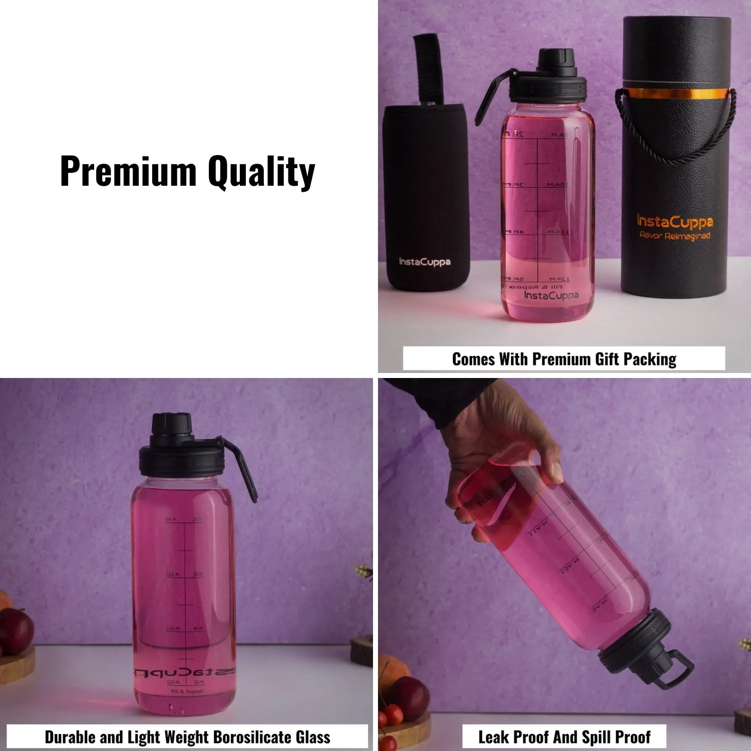 InstaCuppa Borosilicate Glass Water Bottle with Sports Sipper Lid, Innovative Time Markings, Neoprene Sleeve for Protection - Image 4