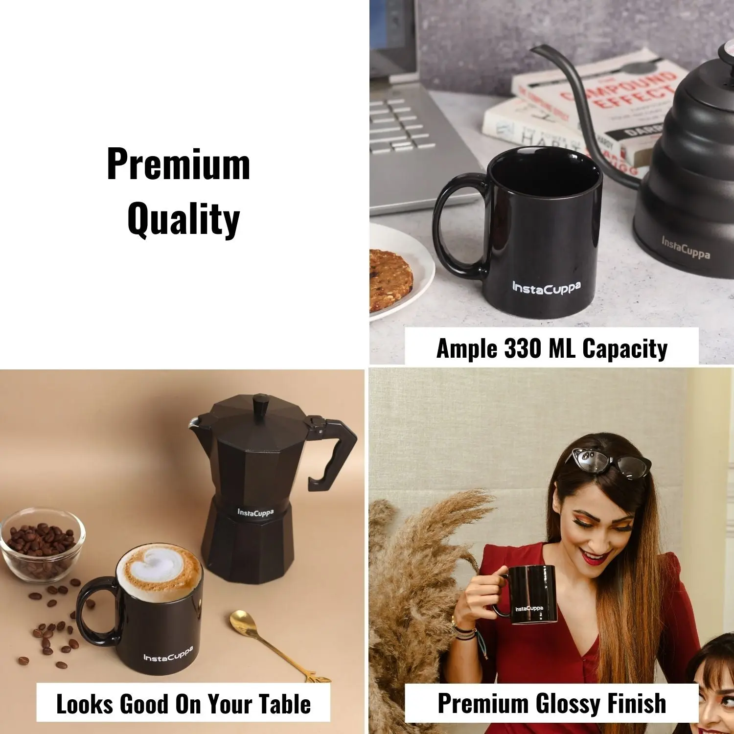 InstaCuppa Ceramic Coffee Mugs with Handle Home Kitchen Use,Business,Gift,Ceramic 350 ML , Pack of 4 , Black - Image 4