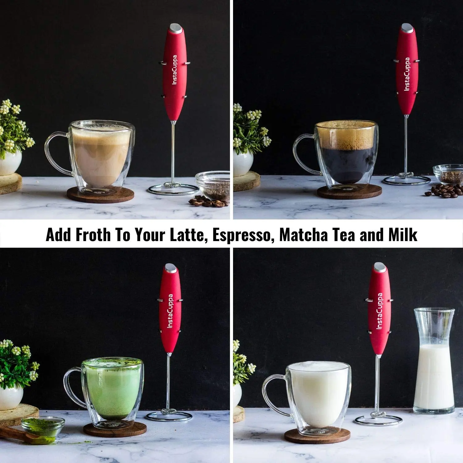 InstaCuppa Milk Frother for Coffee - Handheld Battery-Operated Electric Milk and Coffee Frother, Stainless Steel Whisk and Stand - Image 28