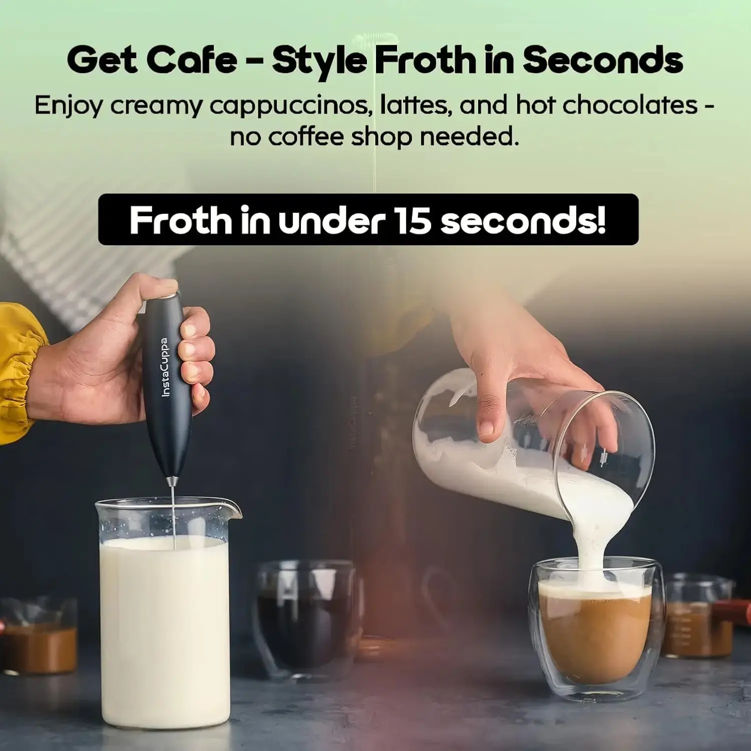 InstaCuppa Milk Frother for Coffee - Handheld Battery-Operated Electric Milk and Coffee Frother, Stainless Steel Whisk and Stand - Image 4