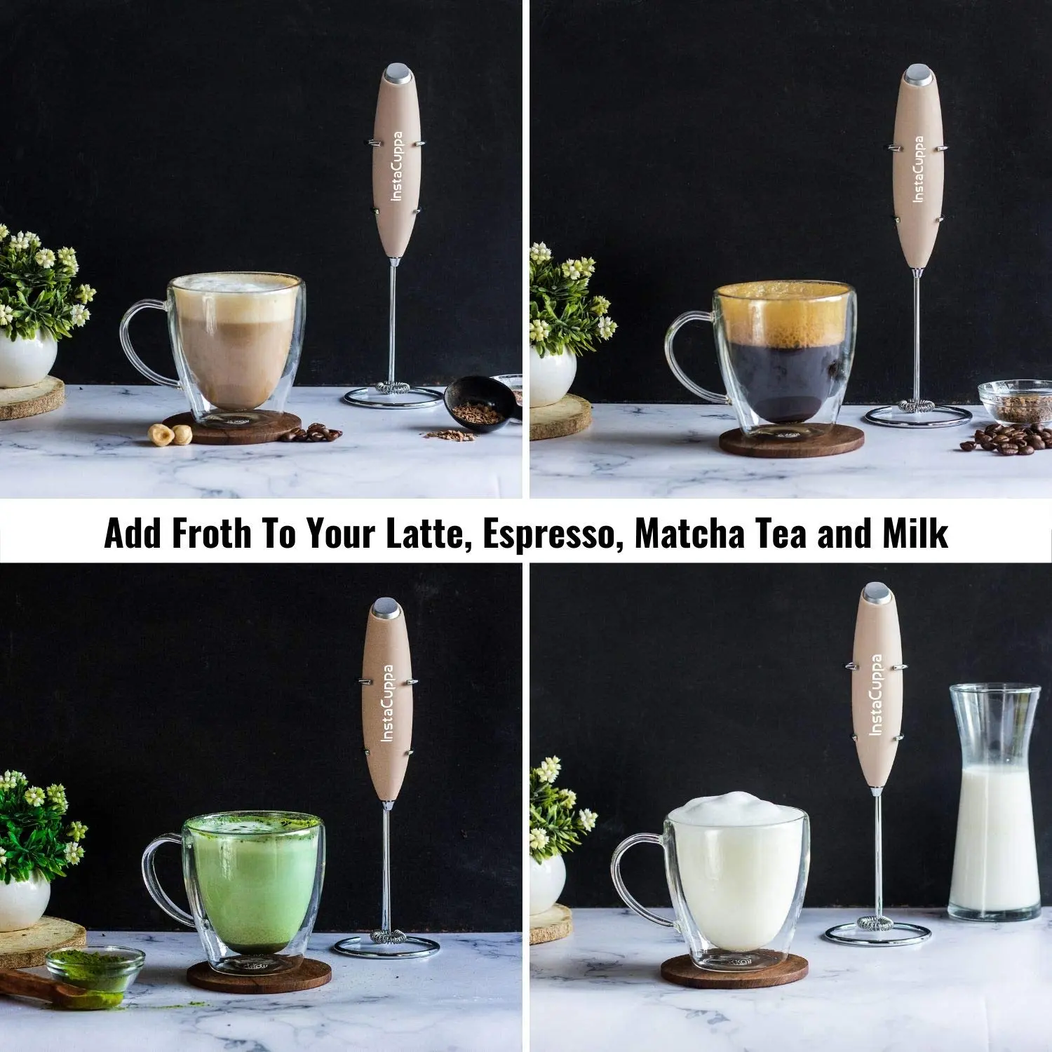 InstaCuppa Milk Frother for Coffee - Handheld Battery-Operated Electric Milk and Coffee Frother, Stainless Steel Whisk and Stand - Image 48