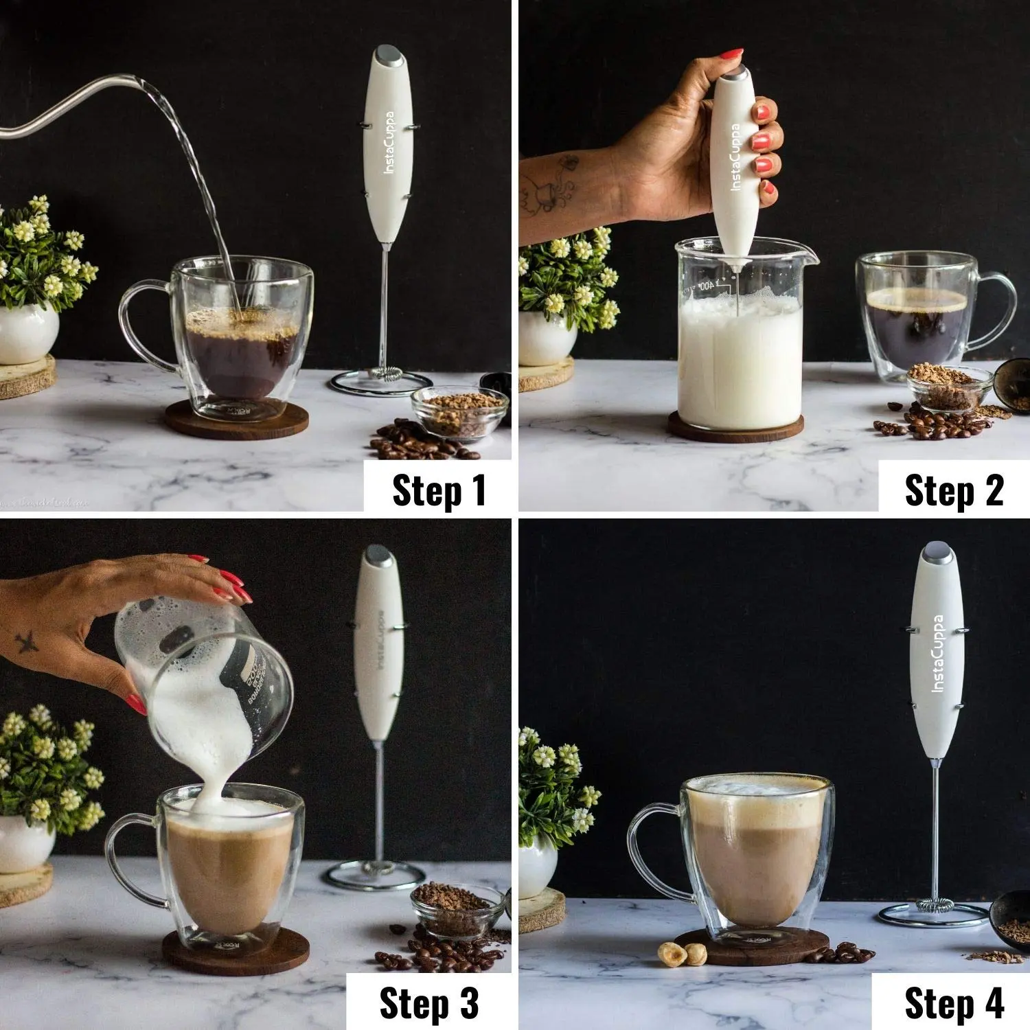InstaCuppa Milk Frother for Coffee - Handheld Battery-Operated Electric Milk and Coffee Frother, Stainless Steel Whisk and Stand - Image 56