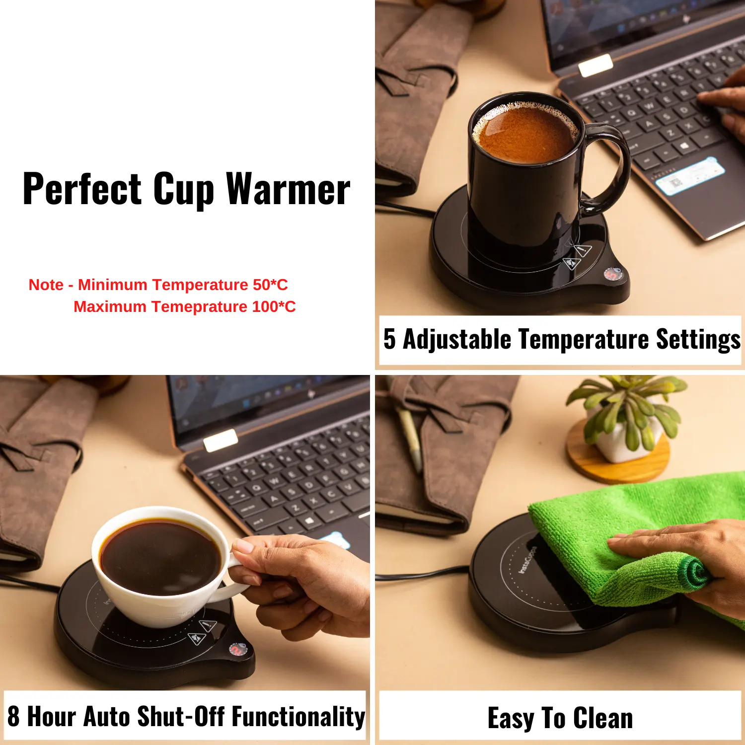 InstaCuppa Coffee Mug Warmer for Desk, 5 Adjustable Temperature Settings, 45ºC-100ºC, Auto Shut Off, Lightweight, 200 Watt, Black - Image 3