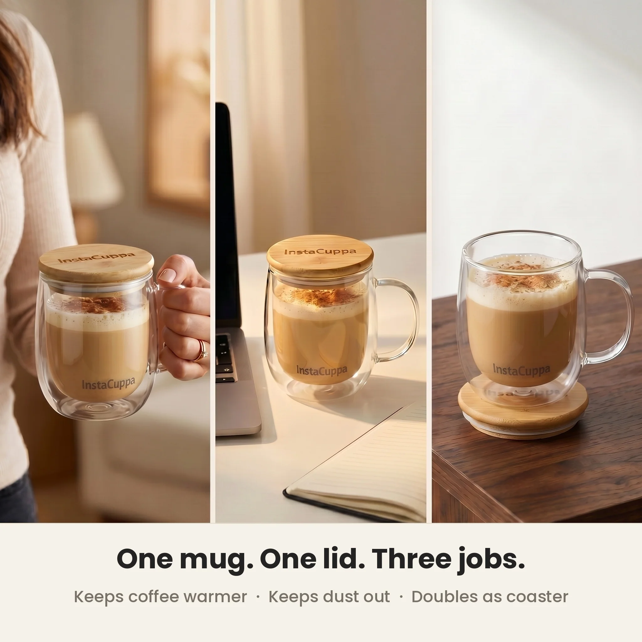 InstaCuppa Double Wall Glass Coffee Mug with Bamboo Lid and Large Handle, 300 ML, Pack of 2 - Image 16