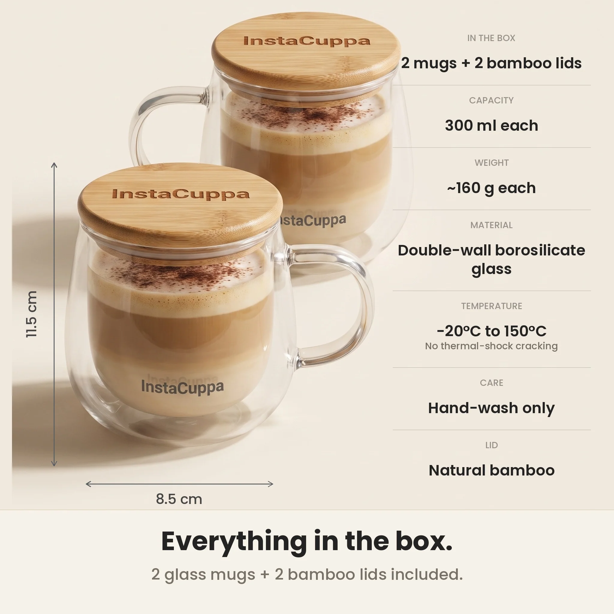 InstaCuppa Double Wall Glass Coffee Mug with Bamboo Lid and Large Handle, 300 ML, Pack of 2 - Image 17