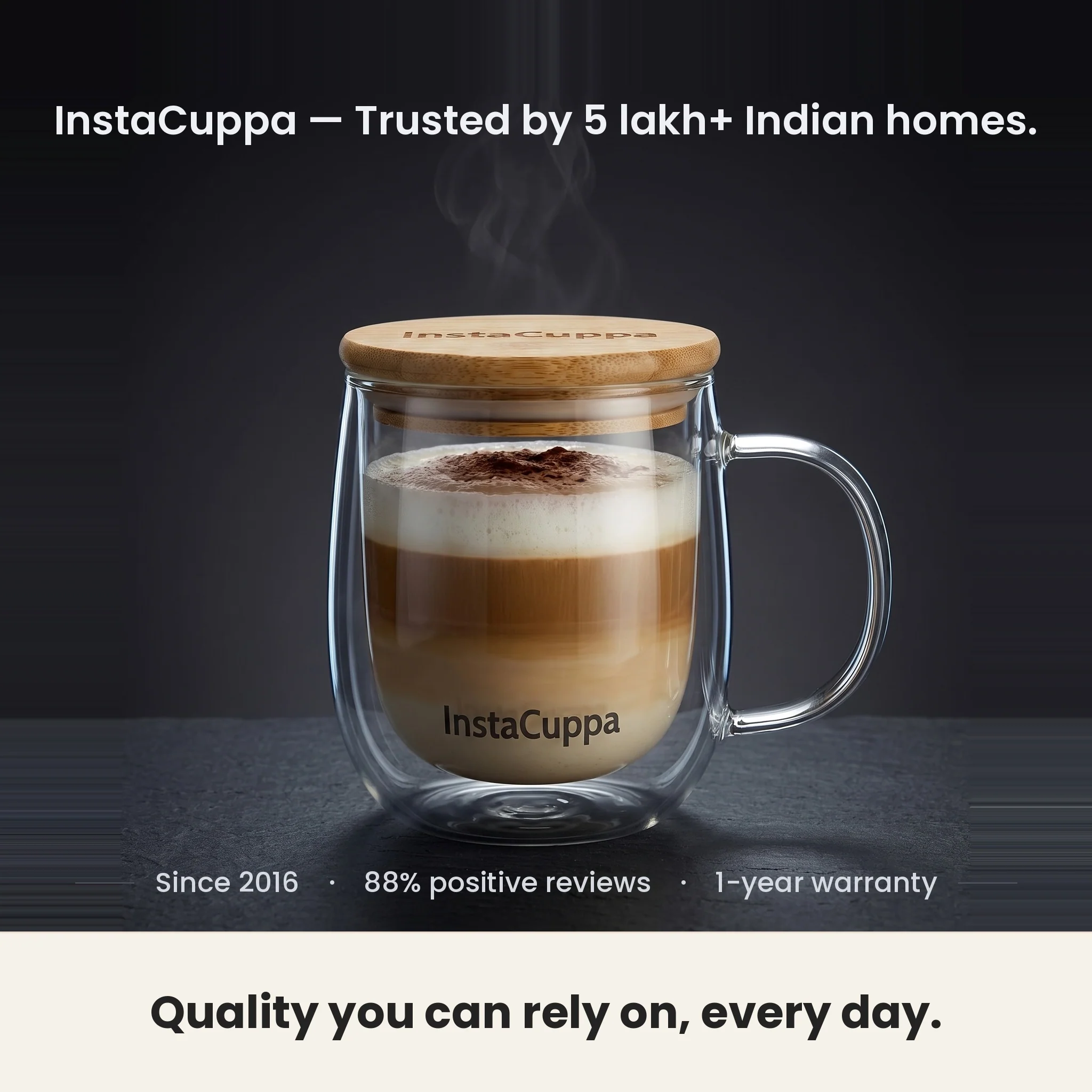 InstaCuppa Double Wall Glass Coffee Mug with Bamboo Lid and Large Handle, 300 ML, Pack of 2 - Image 18