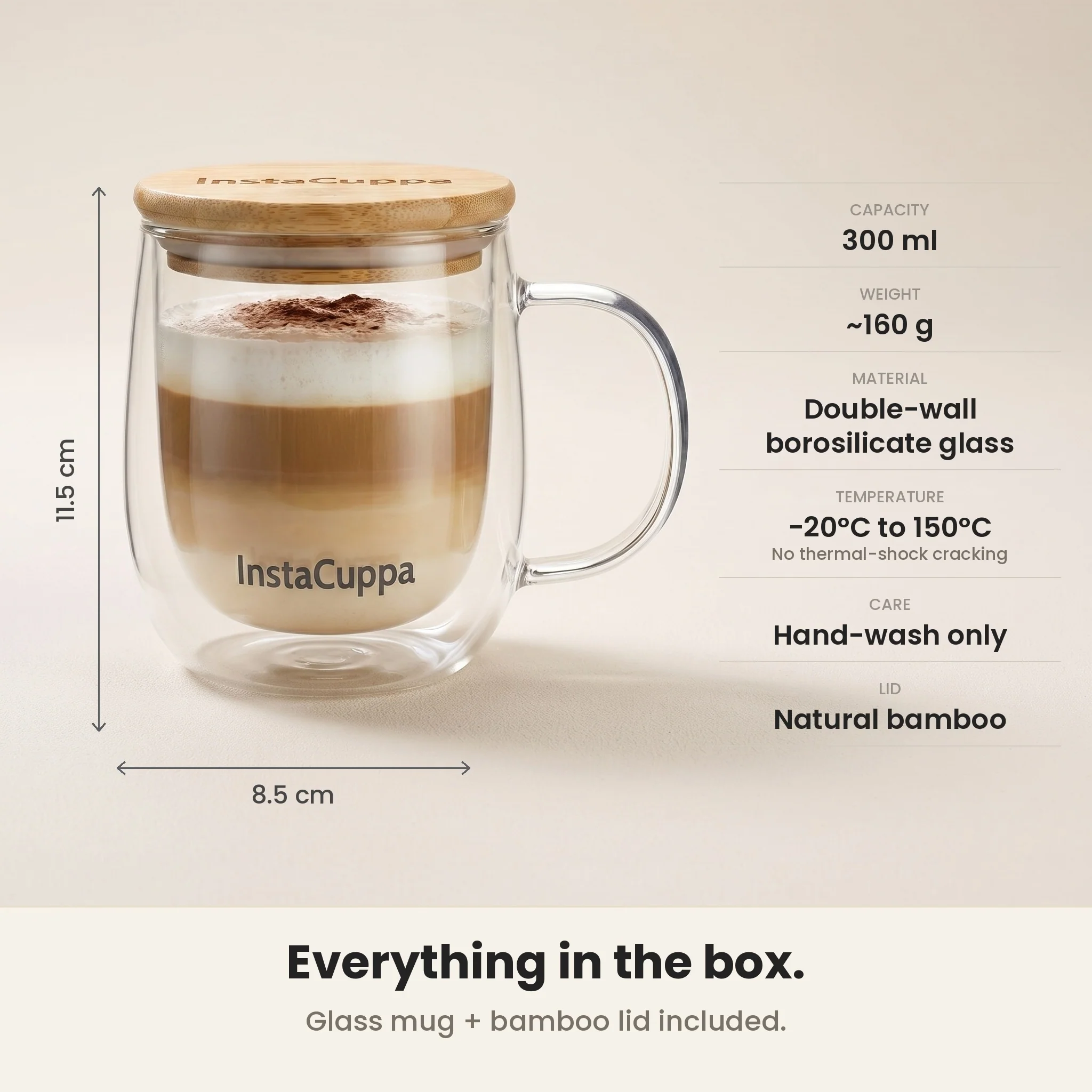 InstaCuppa Double Wall Glass Coffee Mug with Bamboo Lid and Large Handle, 300 ML, Pack of 2 - Image 9
