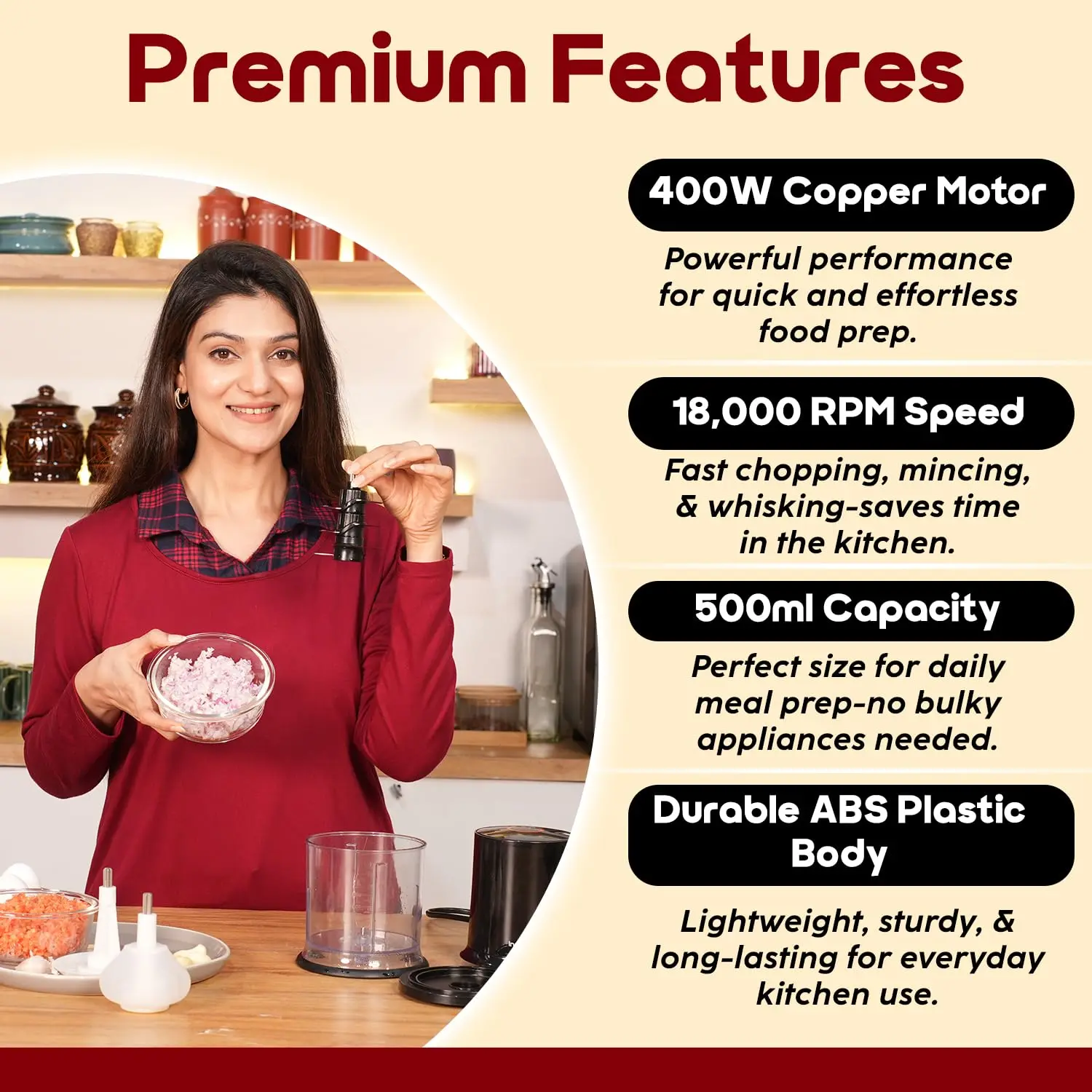 InstaCuppa Electric Chopper with Garlic Peeler, Stainless Steel Blades & Egg Beater Attachments, Busy Mom Kitchen Helper for Chopping - Image 5