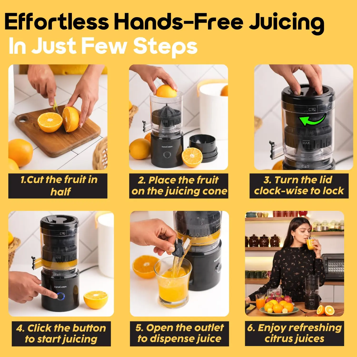 InstaCuppa Electric Citrus Juicer, 90-Watt Motor, Automatic Juicing, Hands-Free One-Button Operation, BPA-Free, 250ml Reservoir - Image 8