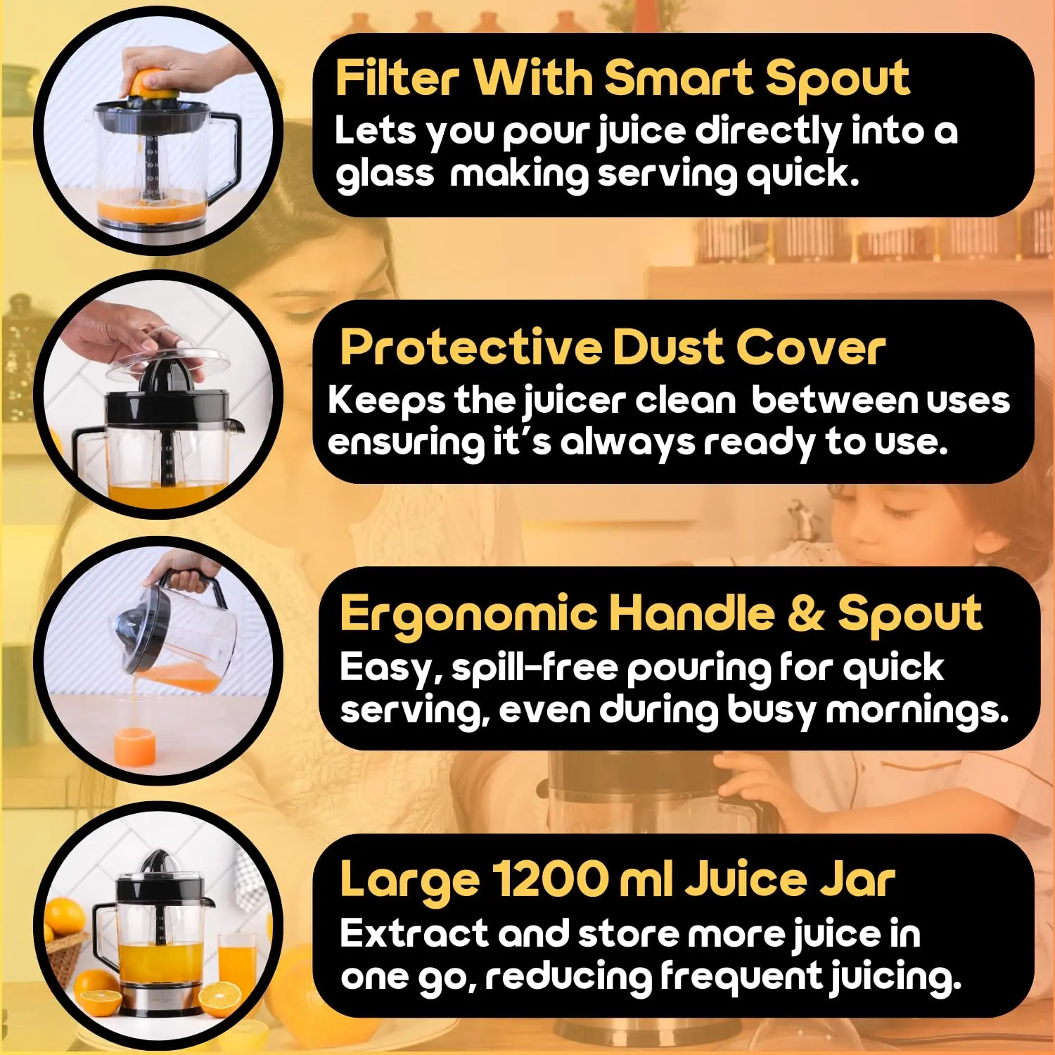 InstaCuppa Electric Citrus Juicer for Busy Moms | Quiet 40W Copper Motor | Dual Cones for Small & Large Fruits | BPA-Free | 1200ml Jar - Image 5