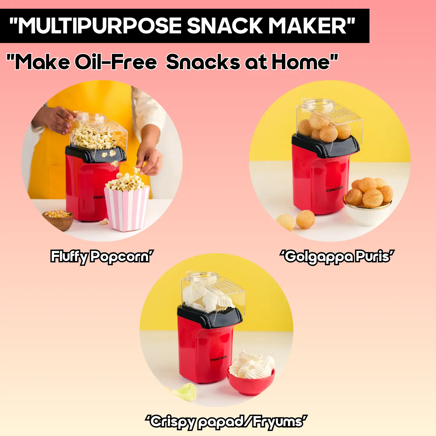 InstaCuppa Electric Hot Air Popcorn Maker 1200W | Oil-Free Healthy Snacking | One-Touch Operation | Fast Popping | BPA-Free - Image 4