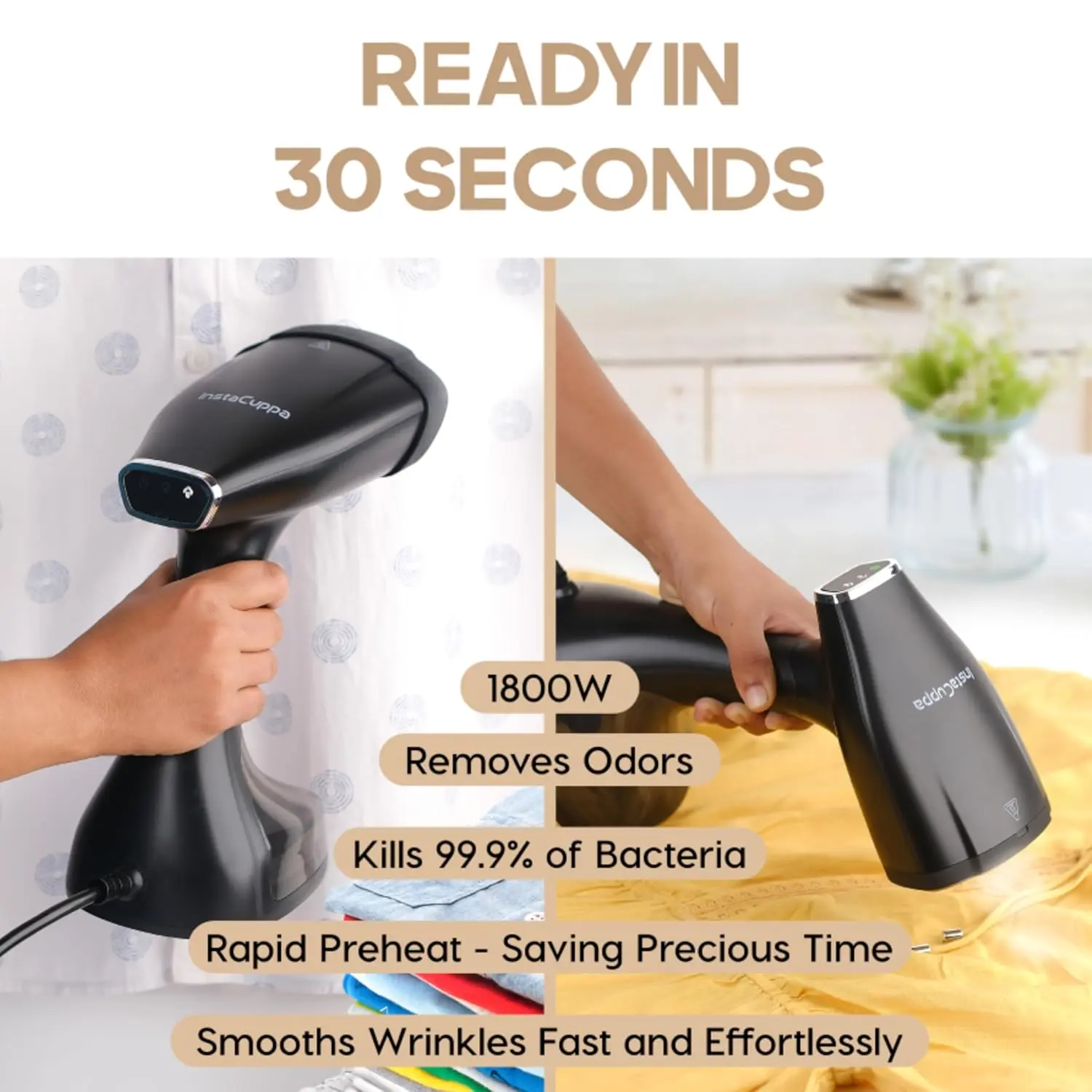 InstaCuppa Foldable Garment Steamer for Clothes, 30-Sec Preheat, Fast Wrinkle Removal 1800W Handheld Steam Iron, Safe for All Fabrics - Image 4