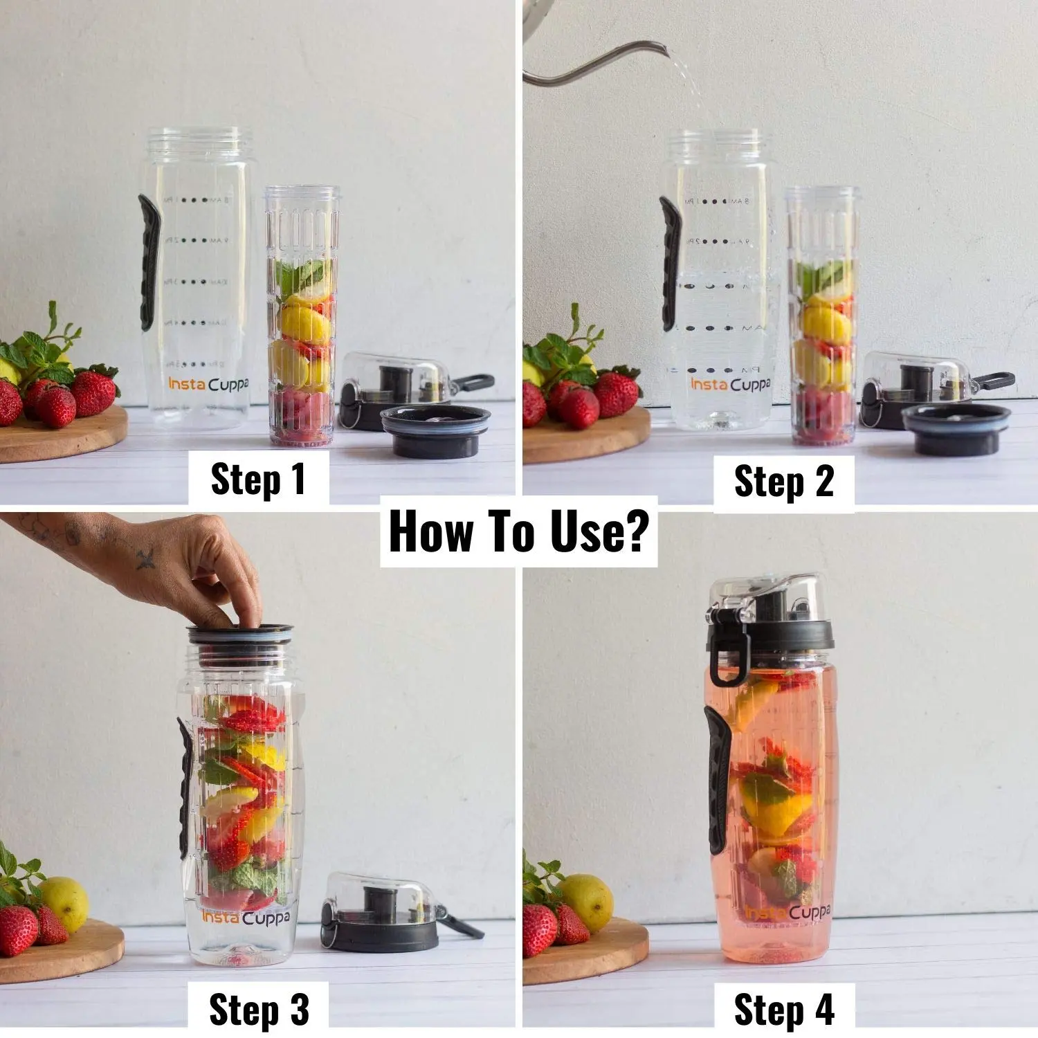 InstaCuppa Tritan Fruit Infuser Water Bottle with Full Length Infuser, Flip Top Sipper Lid, Neoprene Sleeve, Detox Recipes eBook - Image 17