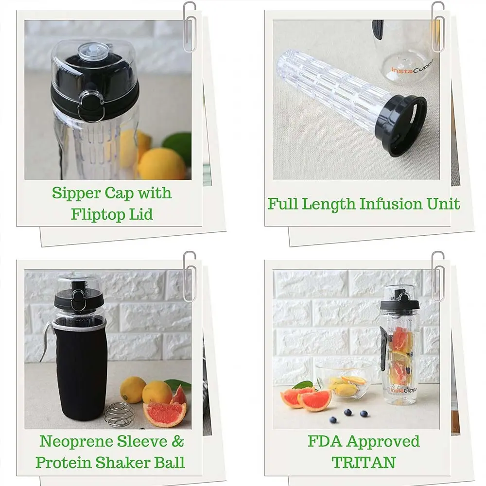 InstaCuppa Tritan Fruit Infuser Water Bottle with Full Length Infuser, Flip Top Sipper Lid, Neoprene Sleeve, Detox Recipes eBook - Image 36