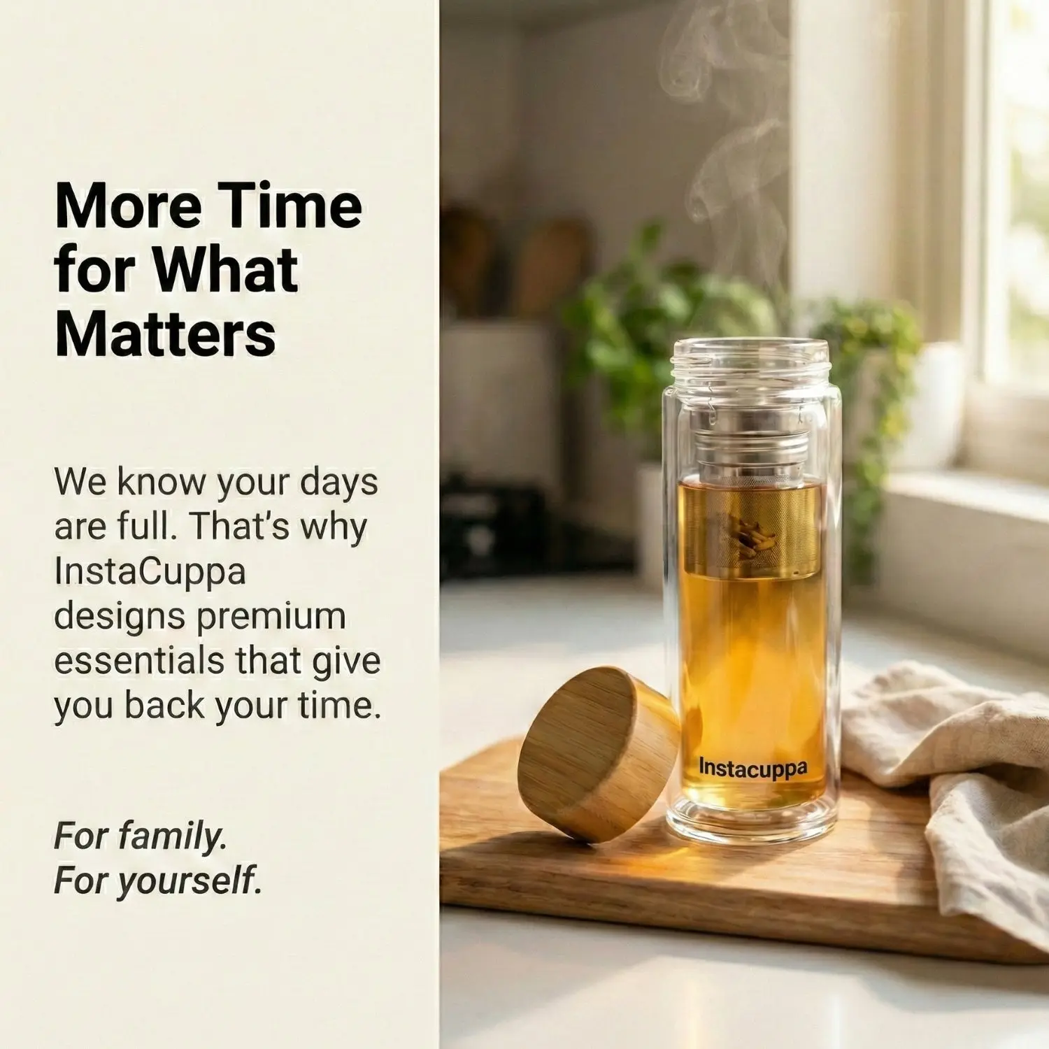 InstaCuppa Glass Tea Infuser Bottle 450 ML for Busy Moms - BPA Free Double Wall Borosilicate with Stainless Steel Strainer, Bamboo - Image 3