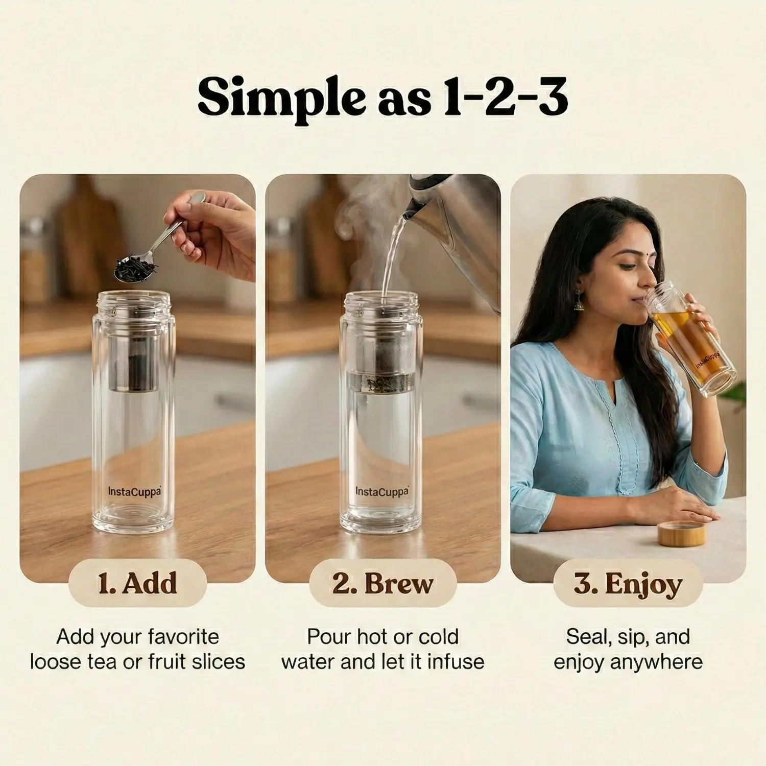 InstaCuppa Glass Tea Infuser Bottle 450 ML for Busy Moms - BPA Free Double Wall Borosilicate with Stainless Steel Strainer, Bamboo - Image 4