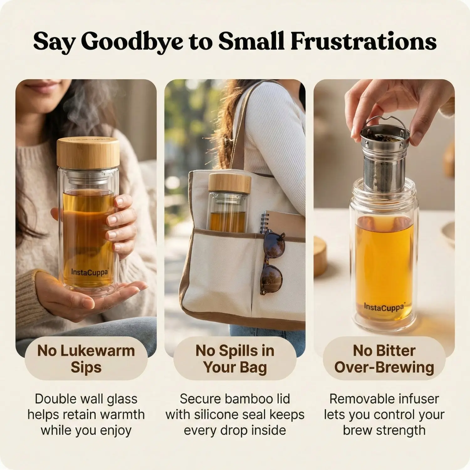 InstaCuppa Glass Tea Infuser Bottle 450 ML for Busy Moms - BPA Free Double Wall Borosilicate with Stainless Steel Strainer, Bamboo - Image 5