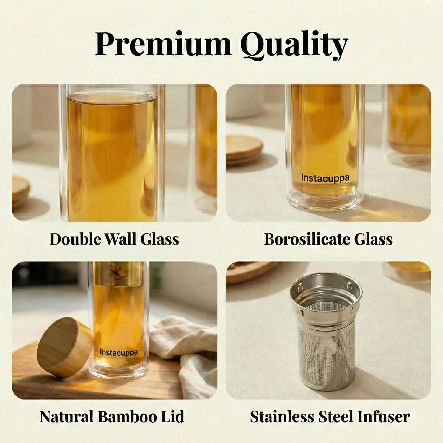 InstaCuppa Glass Tea Infuser Bottle 450 ML for Busy Moms - BPA Free Double Wall Borosilicate with Stainless Steel Strainer, Bamboo - Image 7
