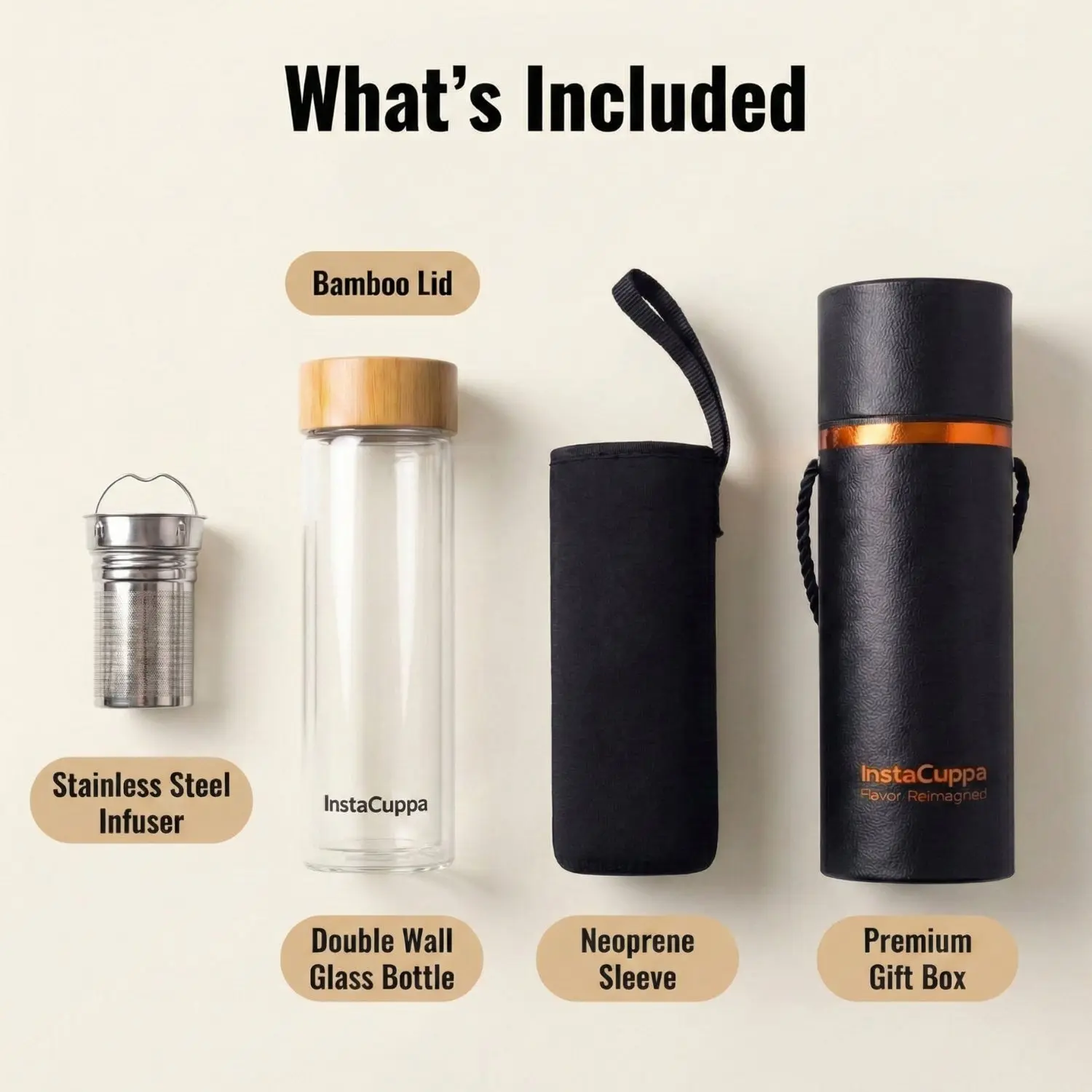 InstaCuppa Glass Tea Infuser Bottle 450 ML for Busy Moms - BPA Free Double Wall Borosilicate with Stainless Steel Strainer, Bamboo - Image 8