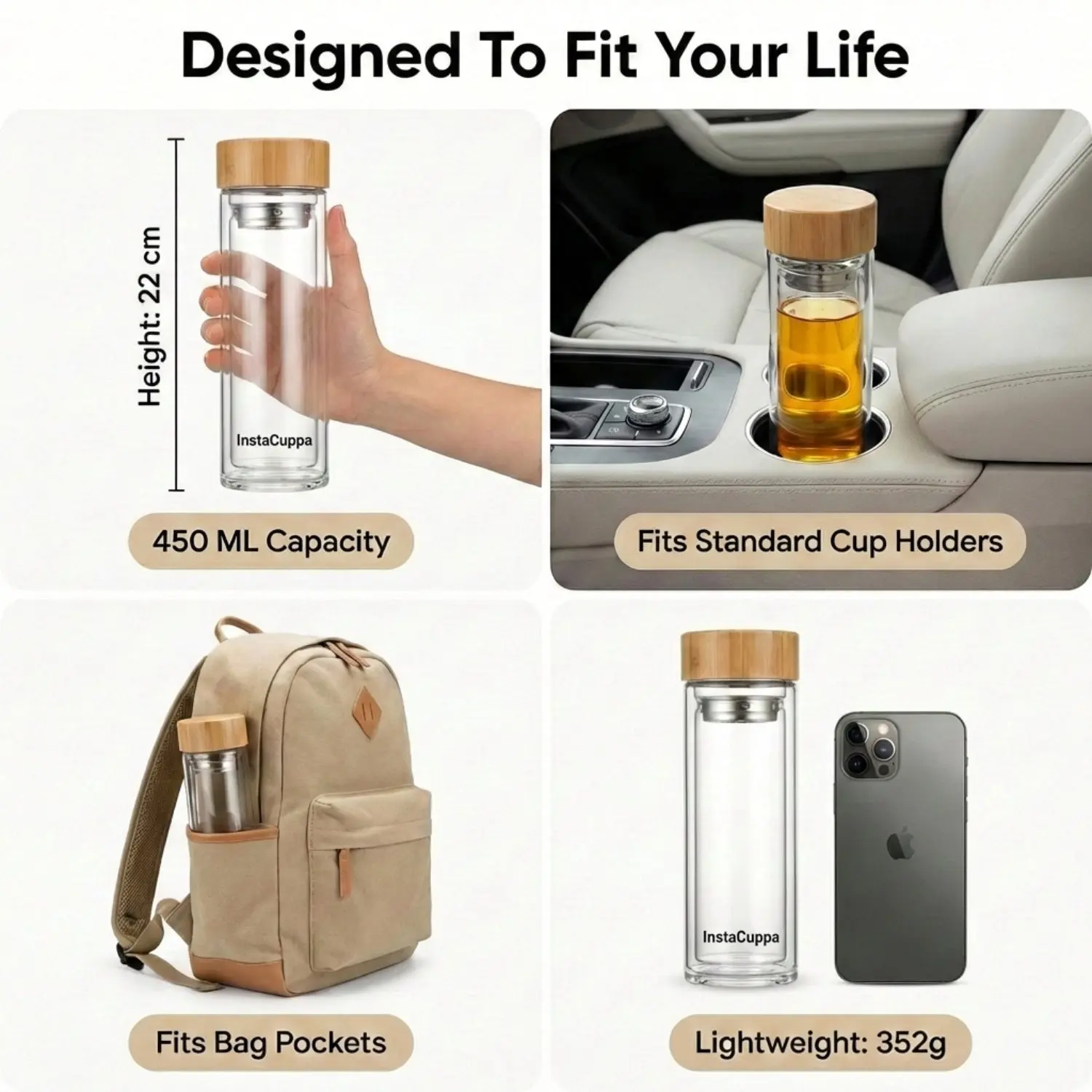 InstaCuppa Glass Tea Infuser Bottle 450 ML for Busy Moms - BPA Free Double Wall Borosilicate with Stainless Steel Strainer, Bamboo - Image 9