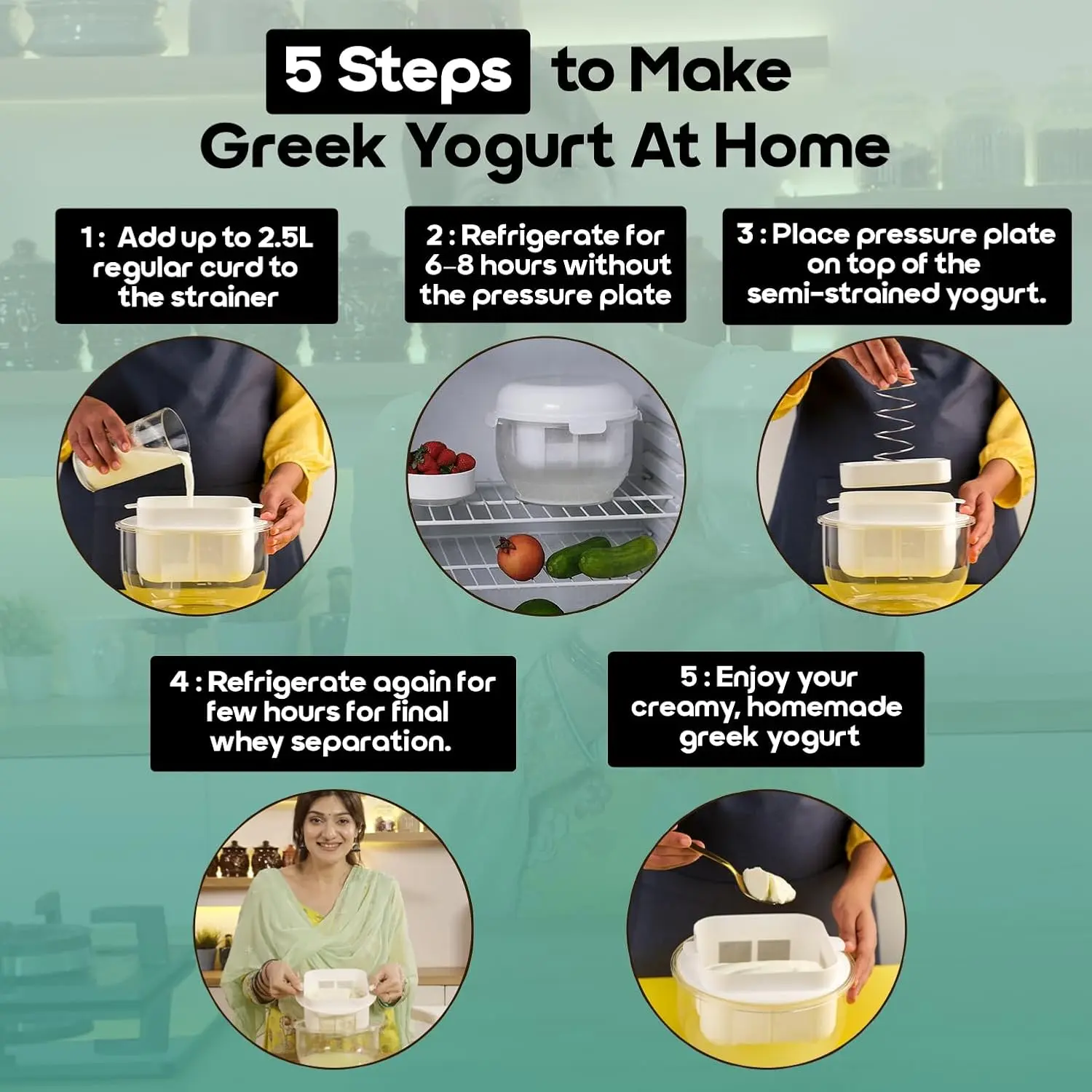 InstaCuppa Greek Yogurt Maker 2.5 litre for Making Thick Hung Curd At Home | BPA-Free Strainer & Container with Nylon Inner Mesh - Image 5