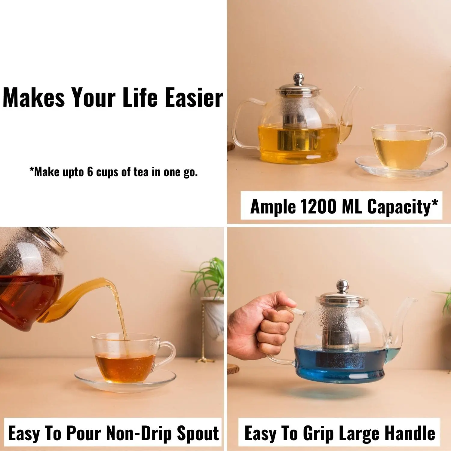 InstaCuppa Borosilicate Glass Teapot with Removable Stainless Steel Infuser, Perfect for Infusing Blooming Teas, Loose Leaf Teas, 1200 ML - Image 4